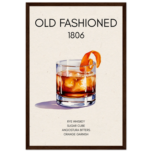 Classic Old Fashioned Cocktail Bar Poster Print Dark Brown Wood Frame 30x45 cm 12x18″ Museum-Quality Matte Paper Wooden Framed Poster
