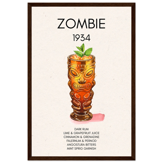 Zombie Tiki Cocktail Bar Poster Print Dark Brown Wood Frame 30x45 cm 12x18″ Classic Matte Paper Wooden Framed Poster