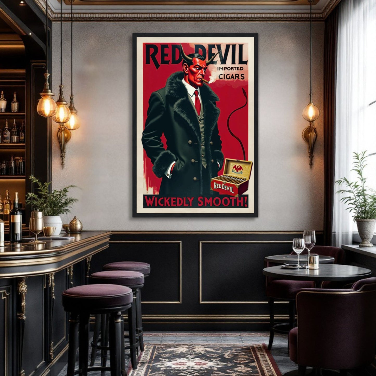 Red Devil Art Deco Cigar Art Print 70x100 cm 28x40″ Museum-Quality Matte Paper Wooden Framed Poster Dark Brown Wood Frame
