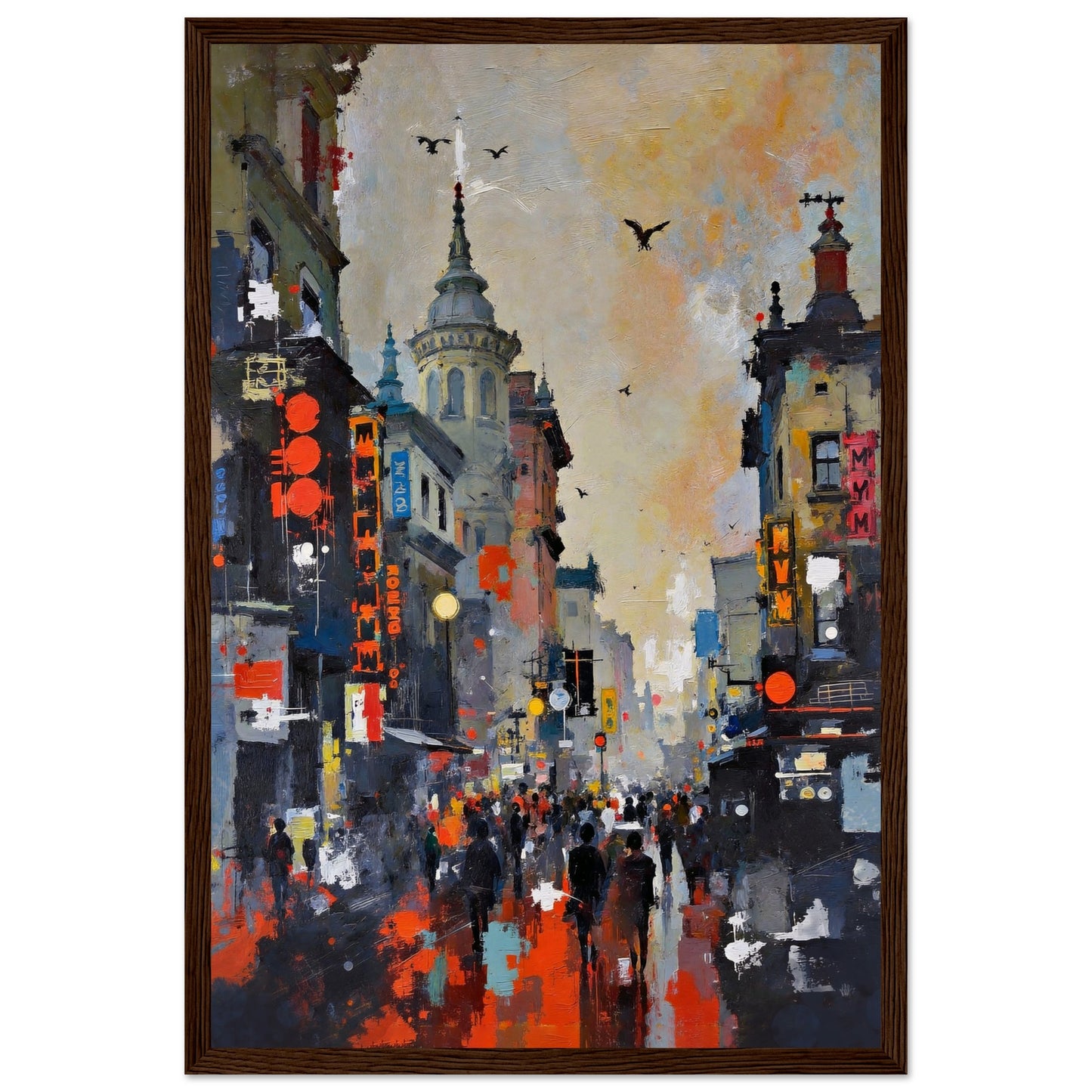 Gothic City Street Art Print - European Cityscape 30x45 cm 12x18″ Classic Matte Framed Poster - Black Wood