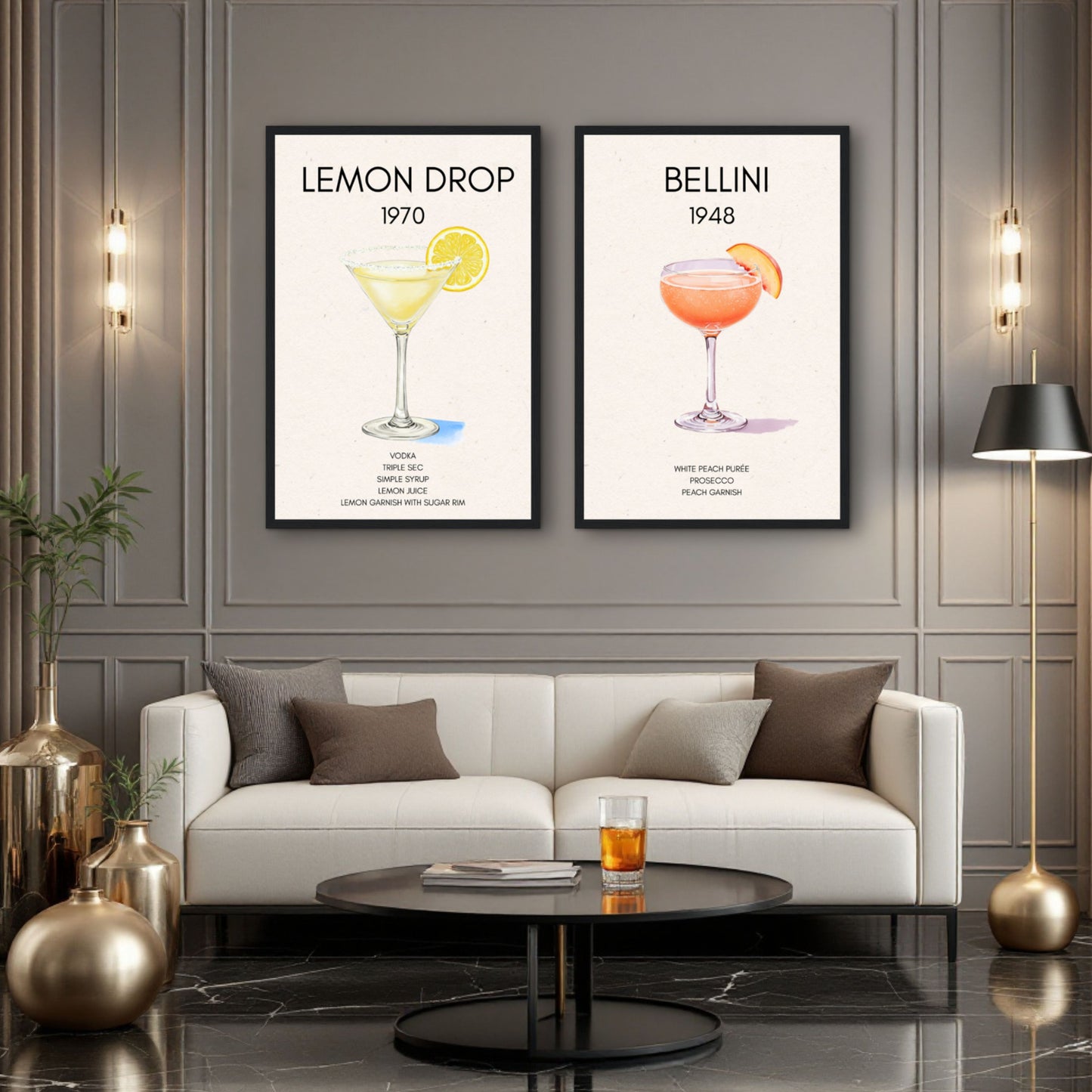 Lemon Drop Martini Cocktail Bar Poster Print Dark Brown Wood Frame 60x90 cm 24x36″ Framed Canvas