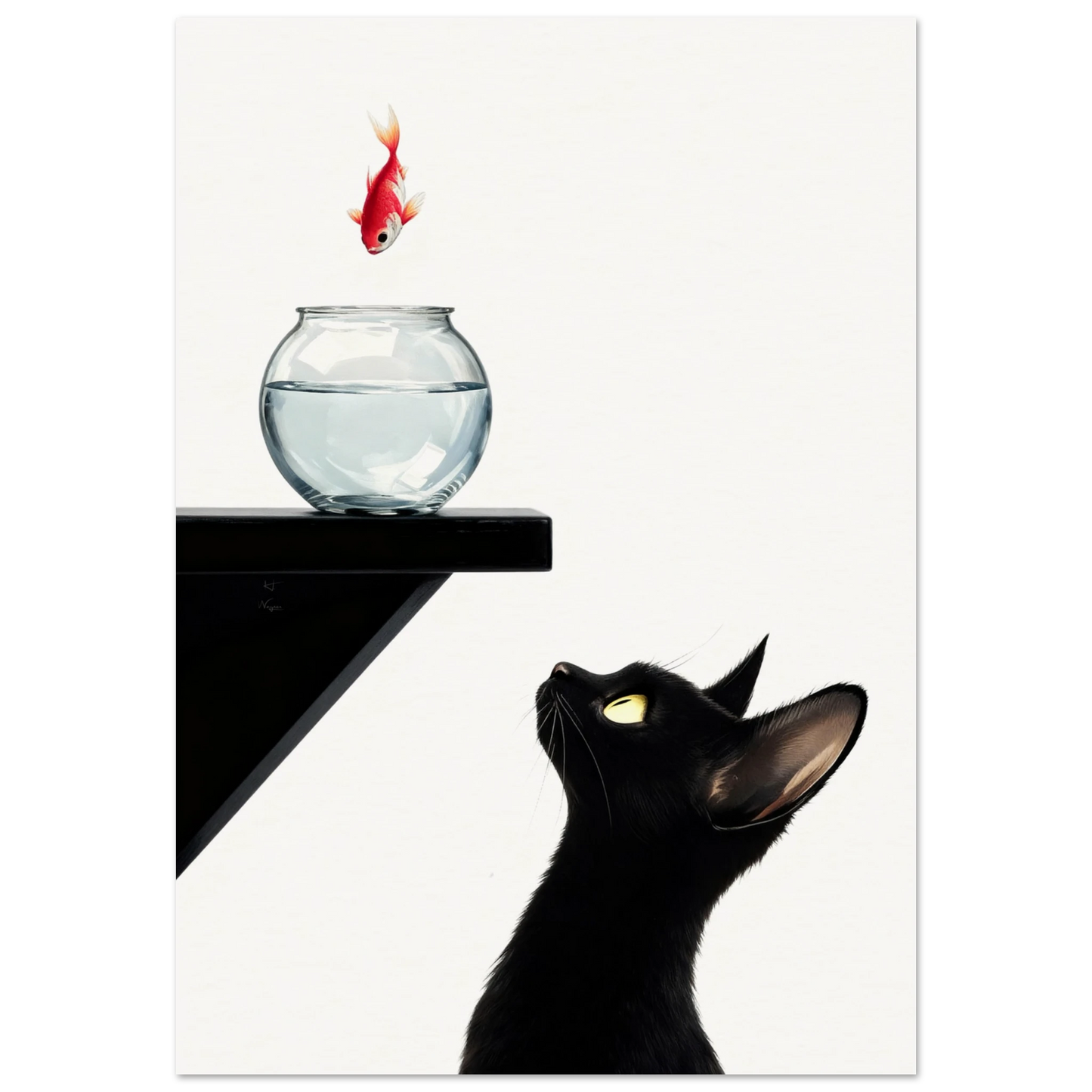 Curious Black Cat Goldfish Minimalist Art Print 70x100 cm 28x40″ Premium Matte Framed Poster - Black Wood