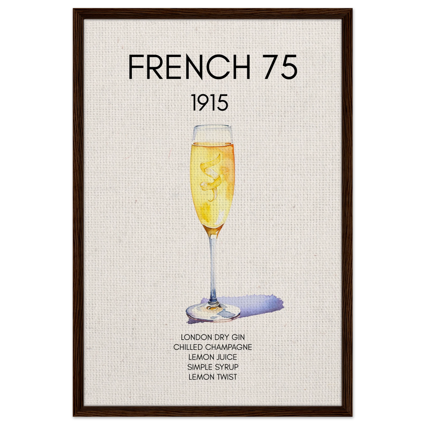 French 75 Cocktail Art Print Dark Brown Wood Frame 60x90 cm 24x36″ Framed Canvas