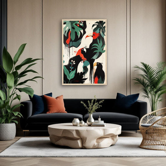 Mid-Century Modern Exotic Bird Art Poster Print - Framed Tropical Parrot Wall Décor