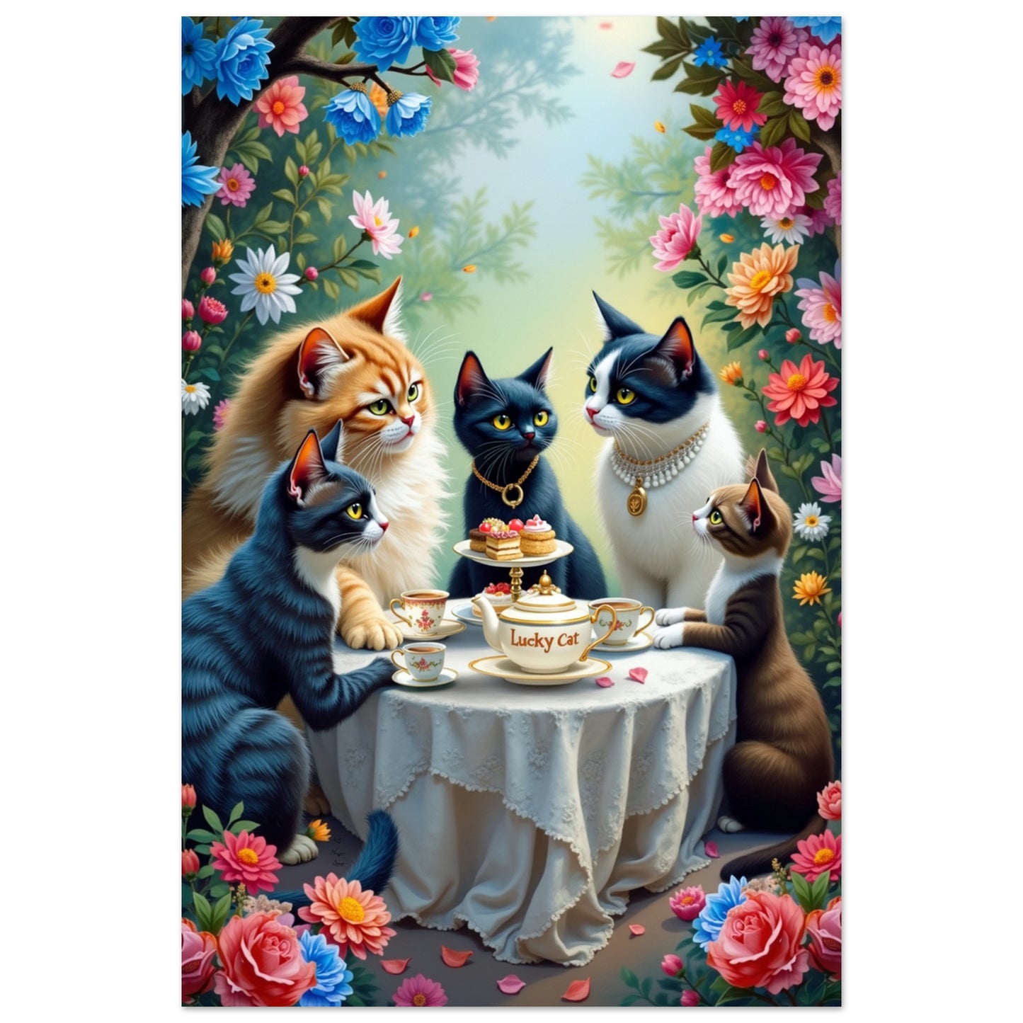 Lucky Cat Garden Tea Party Kitchen Art Print No Frame 40x60 cm 16x24″ Premium Matte Paper Poster