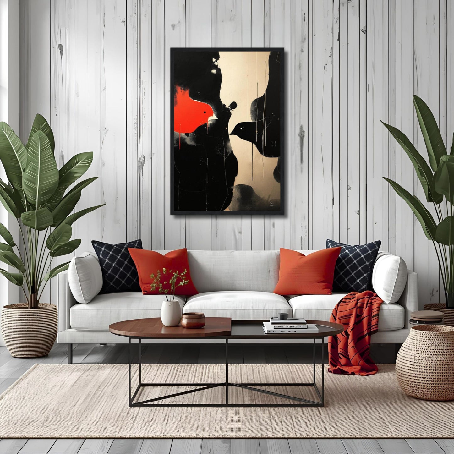Abstract Bird Minimalist Fine Art Print 60x90 cm 24x36″ Framed Canvas Dark Brown Wood Frame