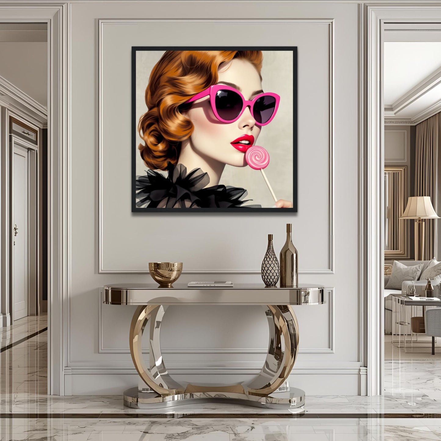 Retro Glam Fashion Model Lollipop Art Print Gallery Wrapped Canvas 30x30 cm 12x12″