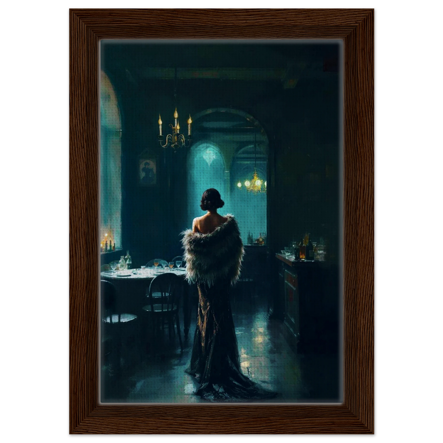 Moody Speakeasy Flapper Bar Art Print 20x30 cm 8x12″ Framed Canvas Dark Brown Wood Frame