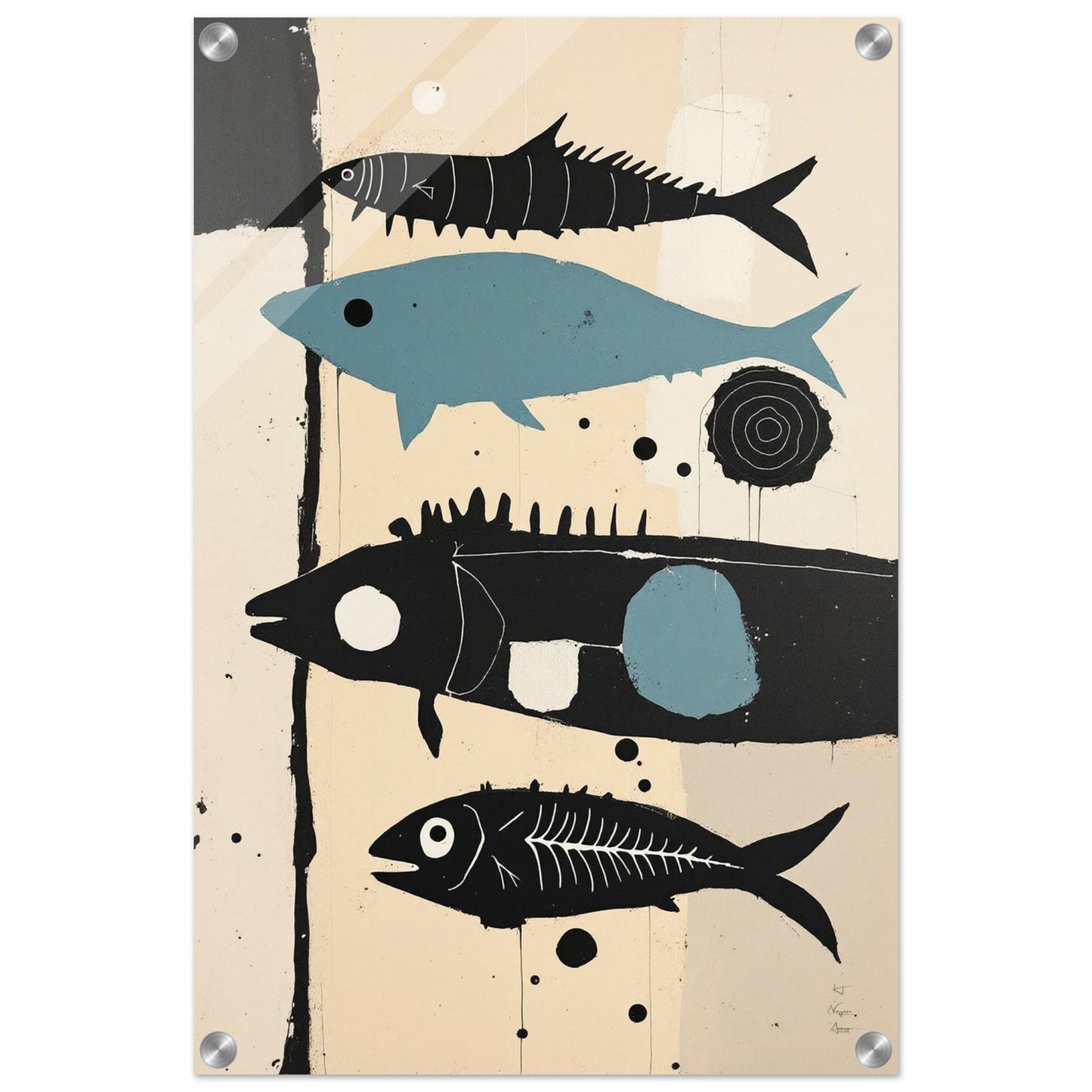 Mid-Century Modern Fish Art Poster Print – Framed Abstract Neutral Wall Decor Black Wood Frame 40x60 cm 16x24″ Framed Canvas
