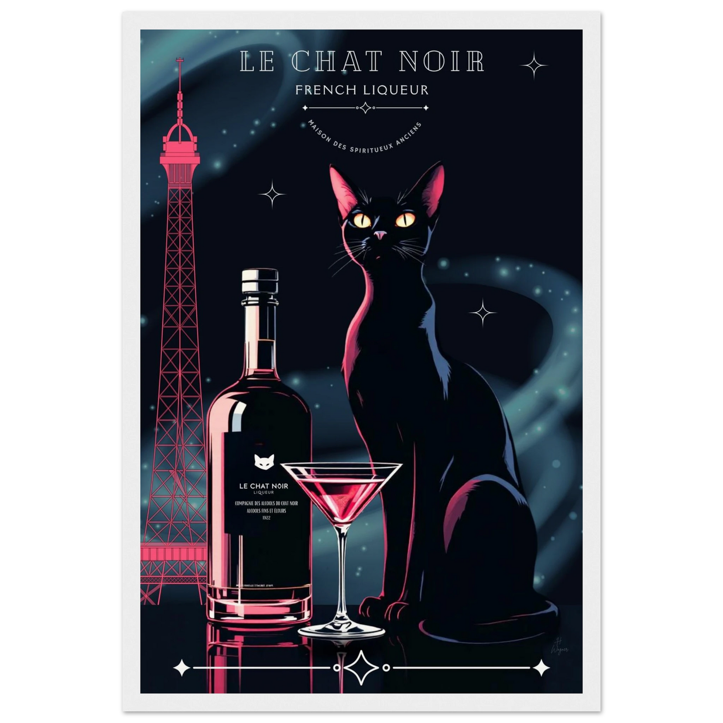 Art Deco Le Chat Noir French Black Cat Art Print 30x45 cm 12x18″ Museum-Quality Matte Paper Wooden Framed Poster White frame