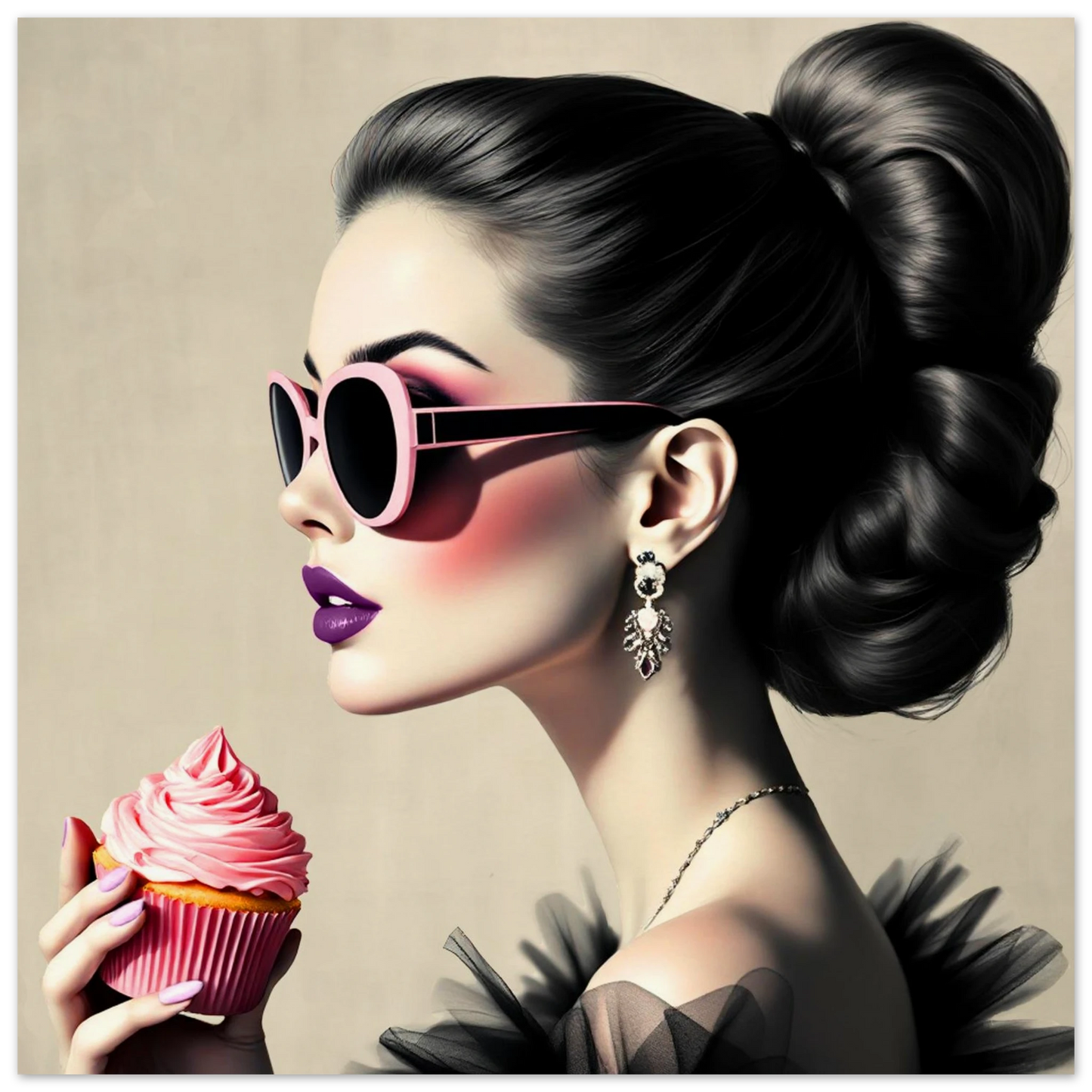Retro Fashion Model Glam Cupcake Art Print 70x70 cm 28x28″ Premium Matte Paper Poster