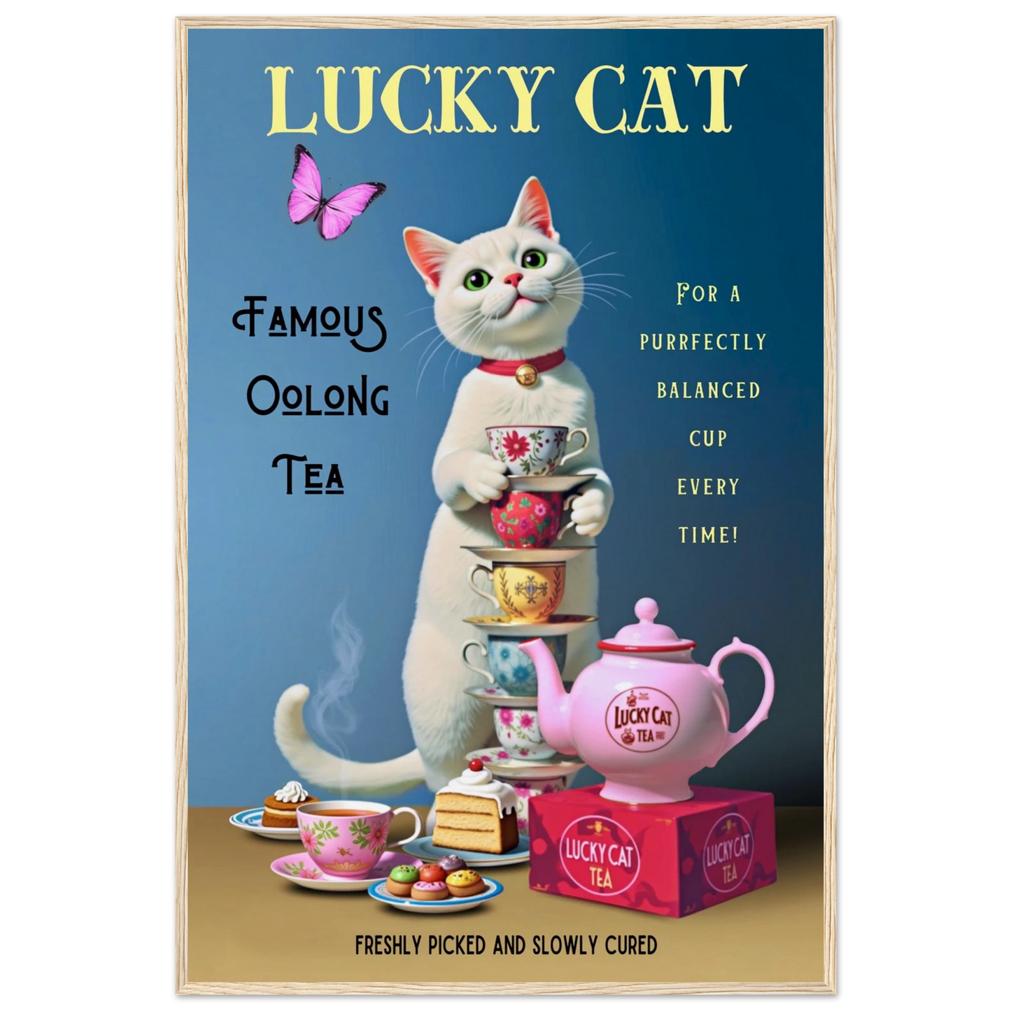 White Lucky Cat Tea Vintage Fine Art Print Light Wood Frame 60x90 cm 24x36″ Museum-Quality Matte Paper Wooden Framed Poster