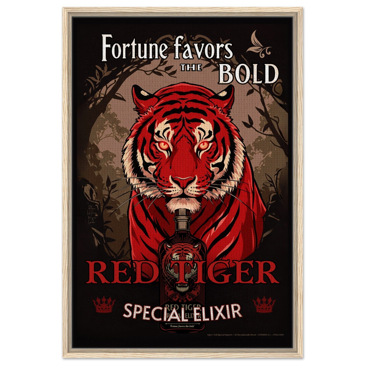 Tiger Cocktail Bar Art Poster Print 60x90 cm 24x36″ Framed Canvas - Light Wood
