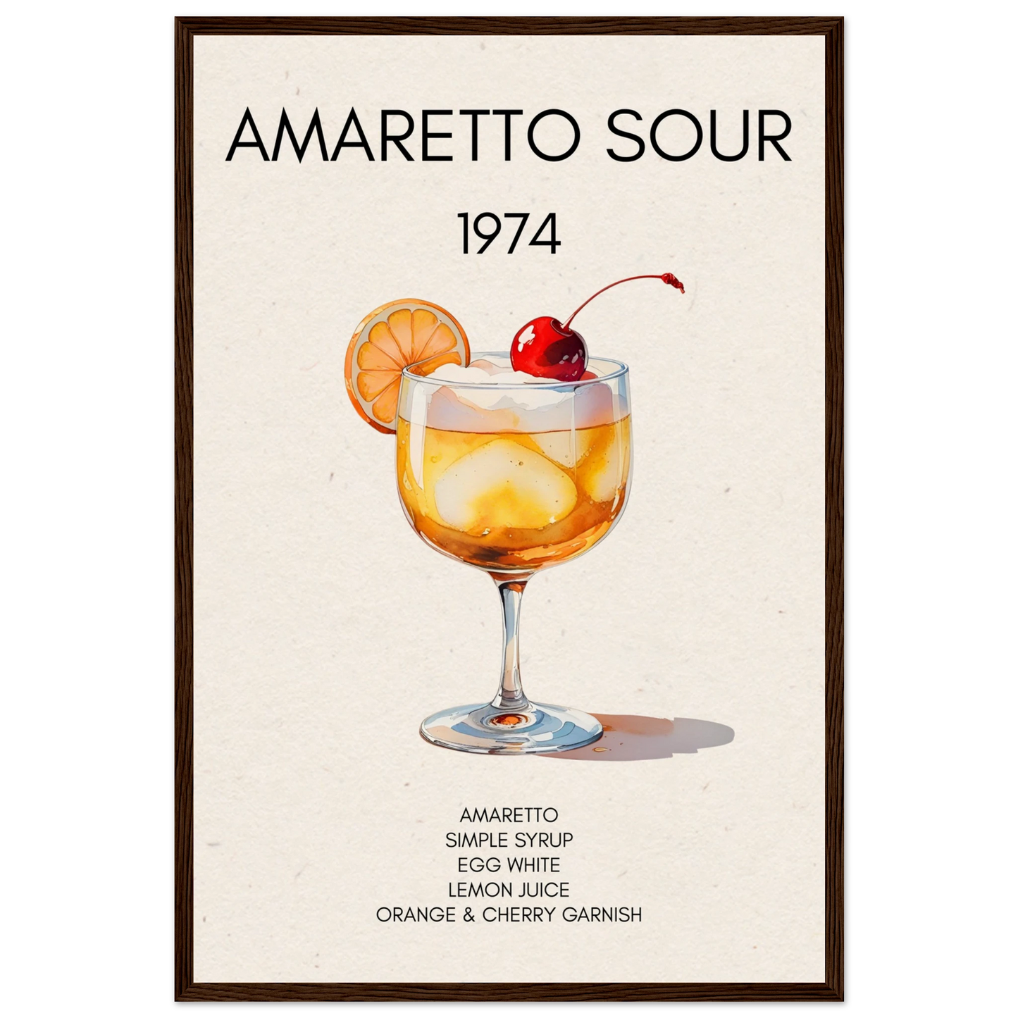 Amaretto Sour Cocktail Bar Art Print Dark Brown Wood Frame 40x60 cm 16x24″ Museum-Quality Matte Paper Wooden Framed Poster