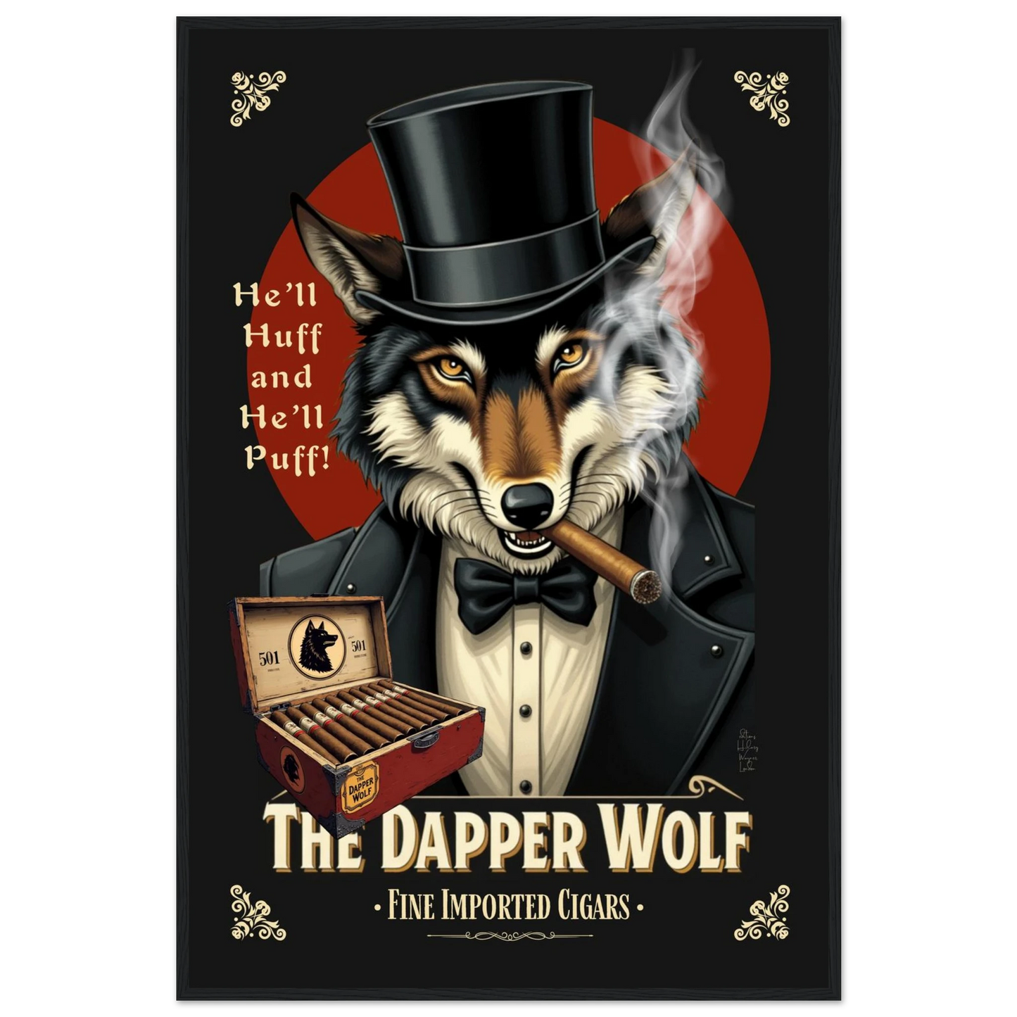 Smoking Wolf Retro Cigar Art Print 60x90 cm 24x36″ Classic Matte Paper Wooden Framed Poster Black Wood frame