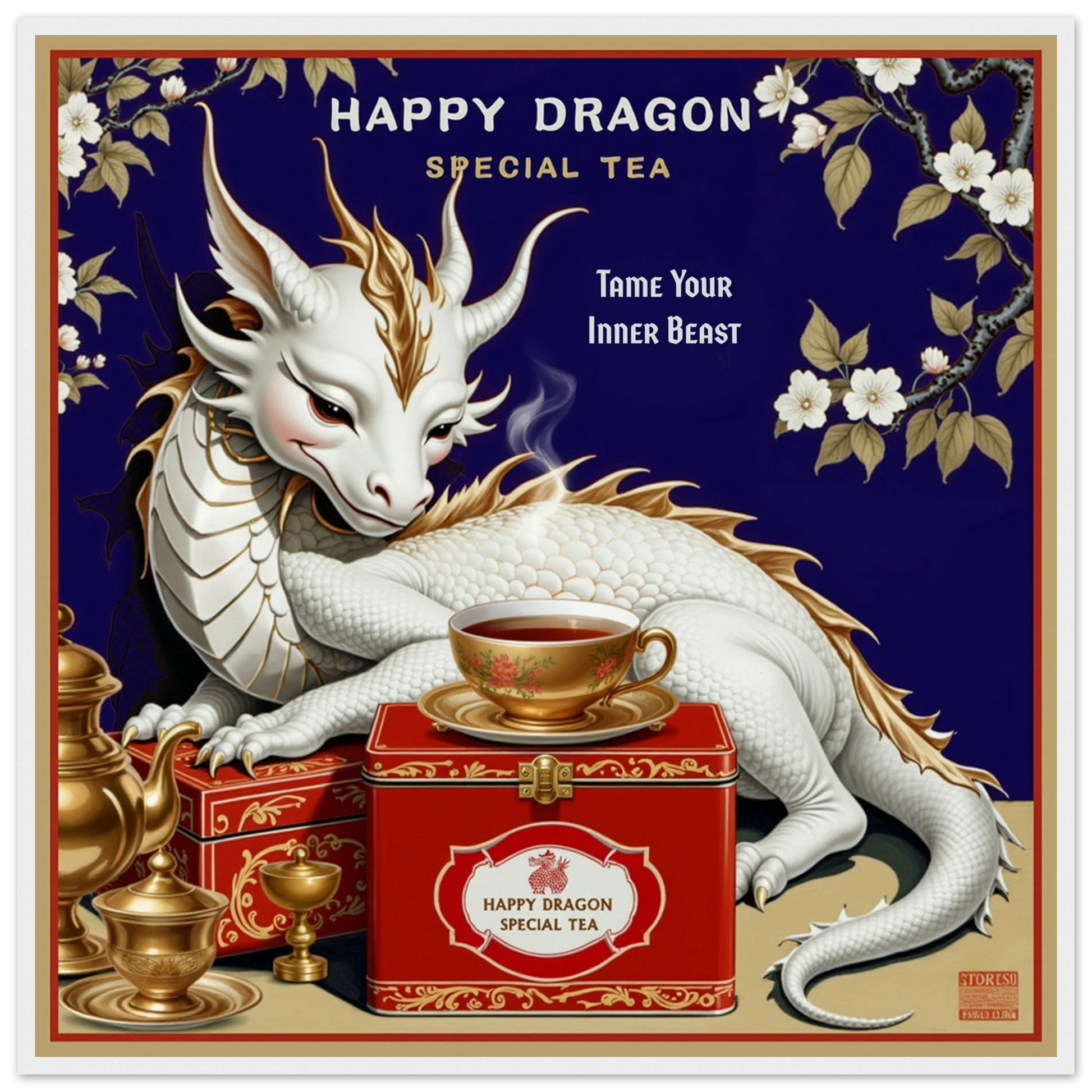 Happy Dragon Tea Art Print 70x70 cm 28x28″ Museum-Quality Matte Paper Wooden Framed Poster White Wood Frame