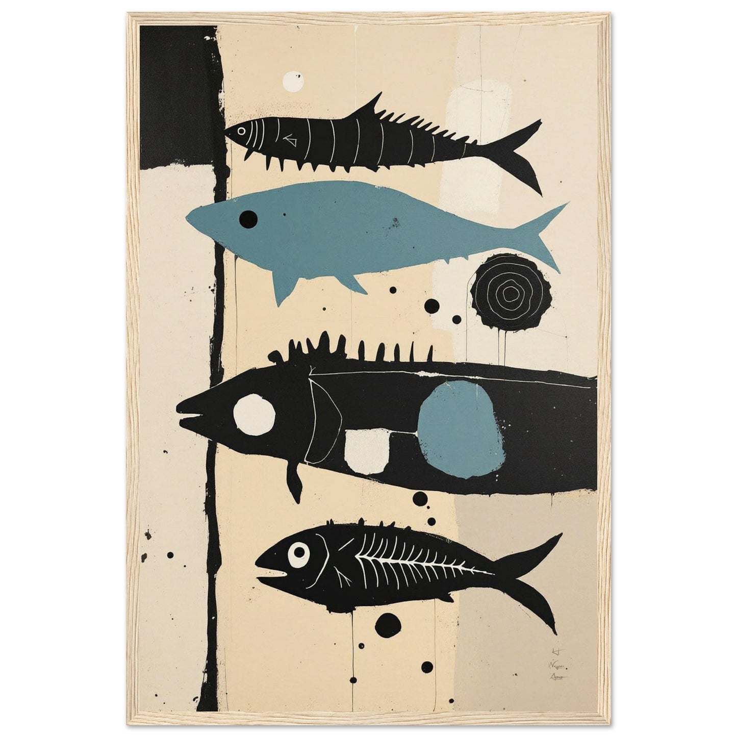 Mid-Century Modern Fish Art Poster Print – Framed Abstract Neutral Wall Decor Light Wood Frame 40x60 cm 16x24″ Museum-Quality Matte Wooden Framed Poster