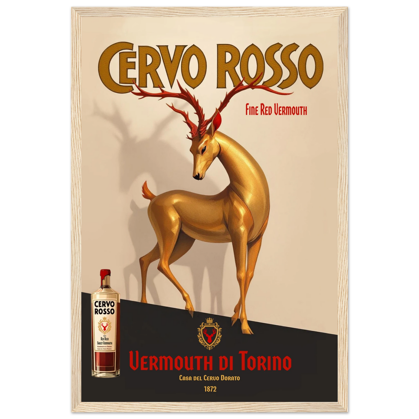 Art Deco Golden Deer Cocktail Bar Poster Print 30x45 cm 12x18″ Classic Matte Paper Wooden Framed Poster Light Wood Frame