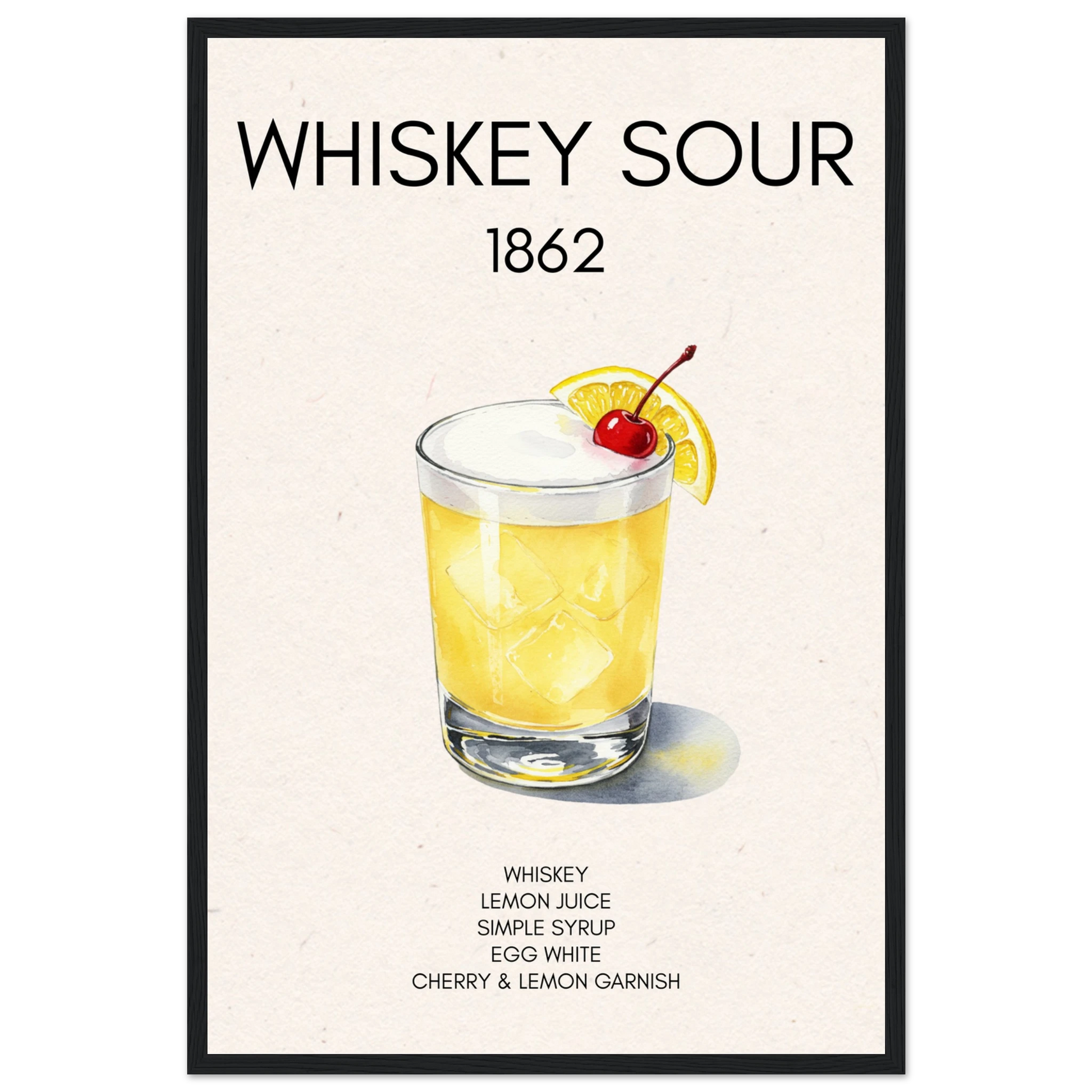 Whiskey Sour Cocktail Bar Art Print Black Wood Frame 40x60 cm 16x24″ Premium Matte Paper Wooden Framed Poster