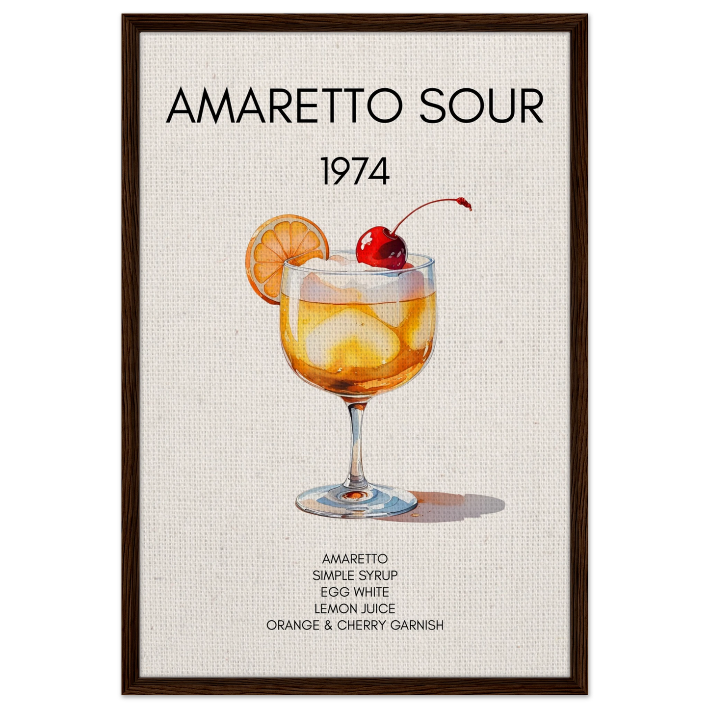 Amaretto Sour Cocktail Bar Art Print Dark Brown Wood Frame 60x90 cm 24x36″ Framed Canvas