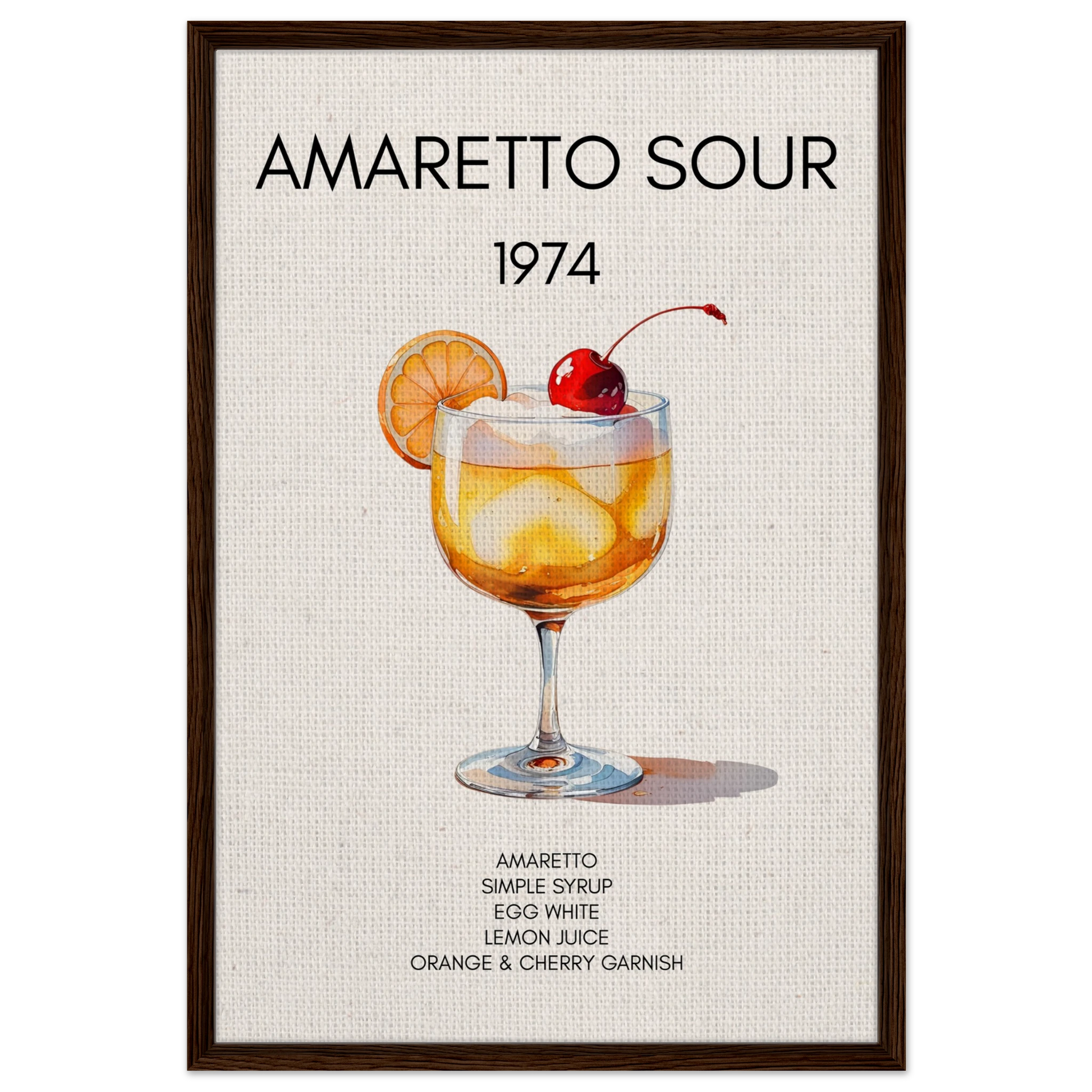 Amaretto Sour Cocktail Bar Art Print Dark Brown Wood Frame 60x90 cm 24x36″ Framed Canvas