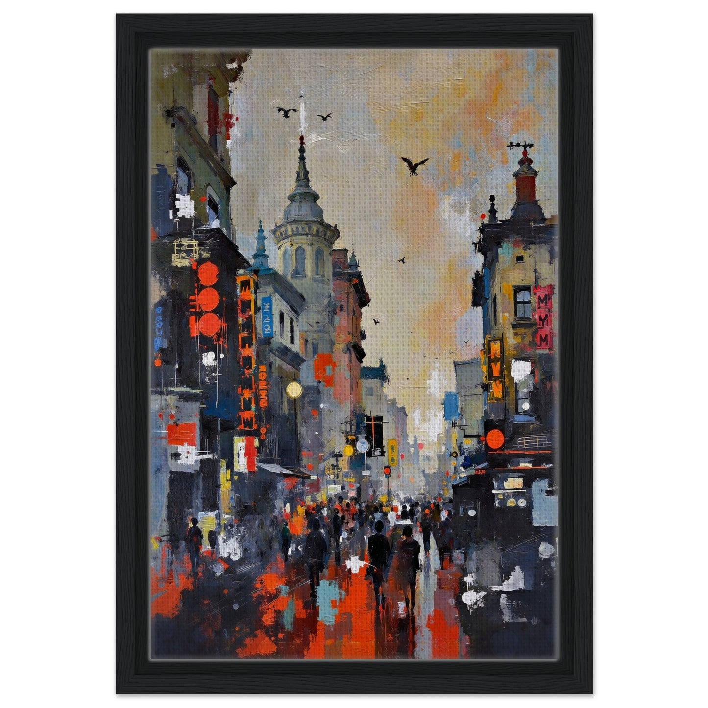 Gothic City Street Art Print - European Cityscape 30x45 cm 12x18″ Framed Canvas - Black Wood