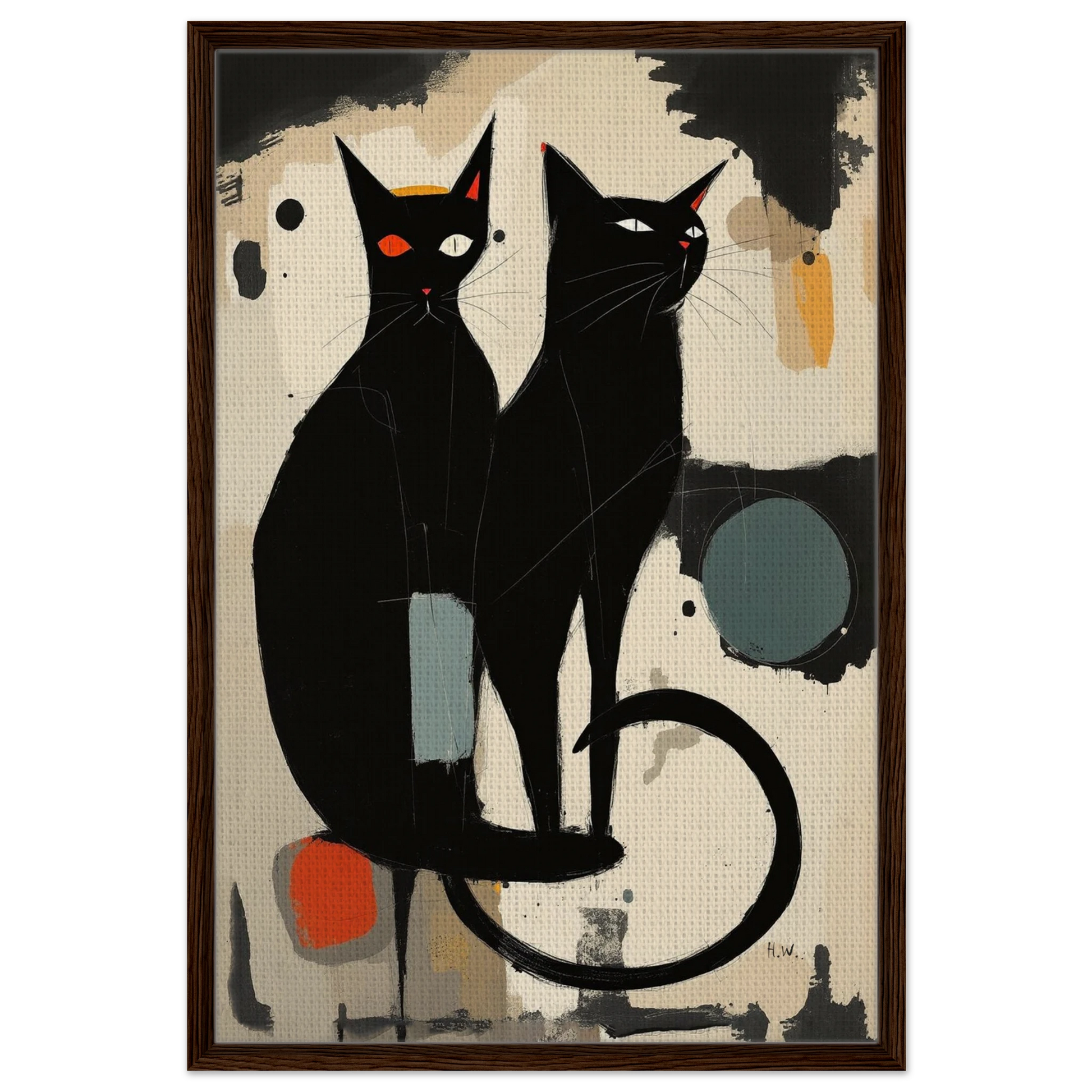 Abstract Crazy Cat Duo Art Print Dark Brown Wood Frame 60x90 cm 24x36″ Framed Canvas
