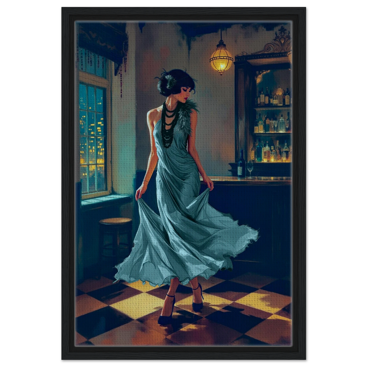 1920s Moonlit Flapper Speakeasy Art Print 40x60 cm 16x24″ Framed Canvas Black Wood Frame