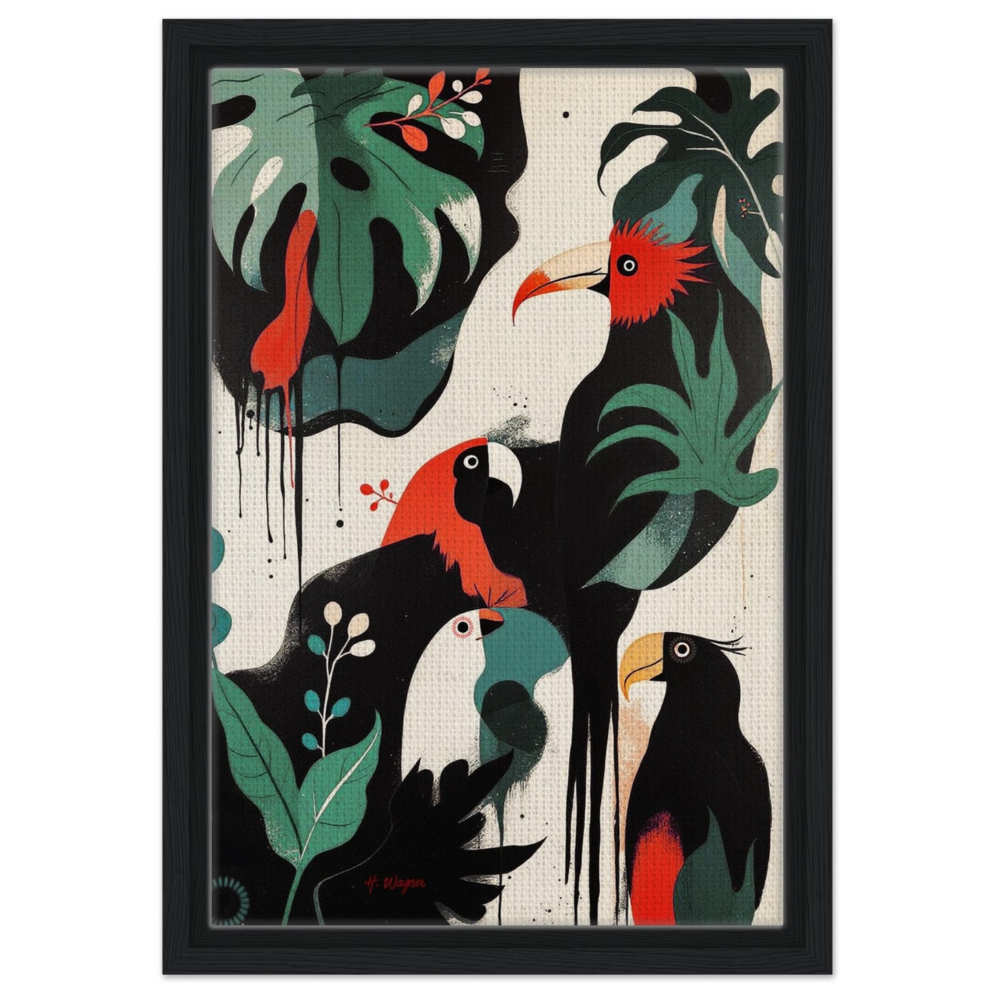 Mid-Century Modern Exotic Bird Art Poster Print - Framed Tropical Parrot Wall Décor Black Wood Frame 30x45 cm 12x18″ Framed Canvas