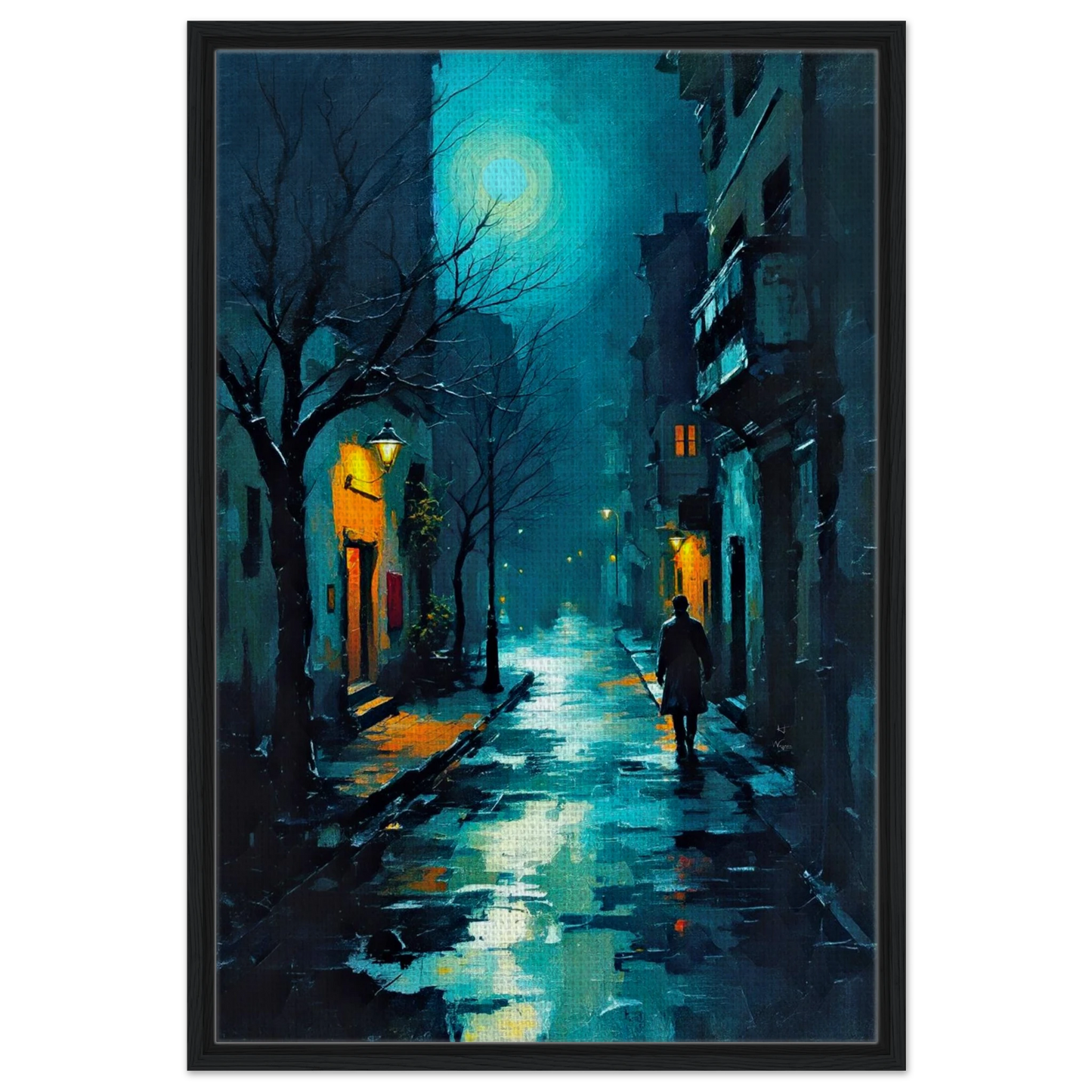 Blue Moon Night Street Scene Art Print 60x90 cm 24x36″ Framed Canvas Black Wood Frame