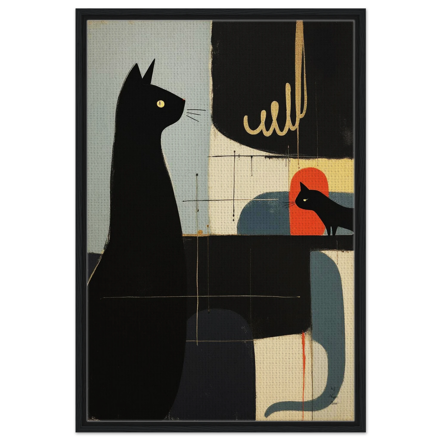 Abstract Cat & Kitten Modern Art Print Black Wood Frame 60x90 cm 24x36″ Framed Canvas