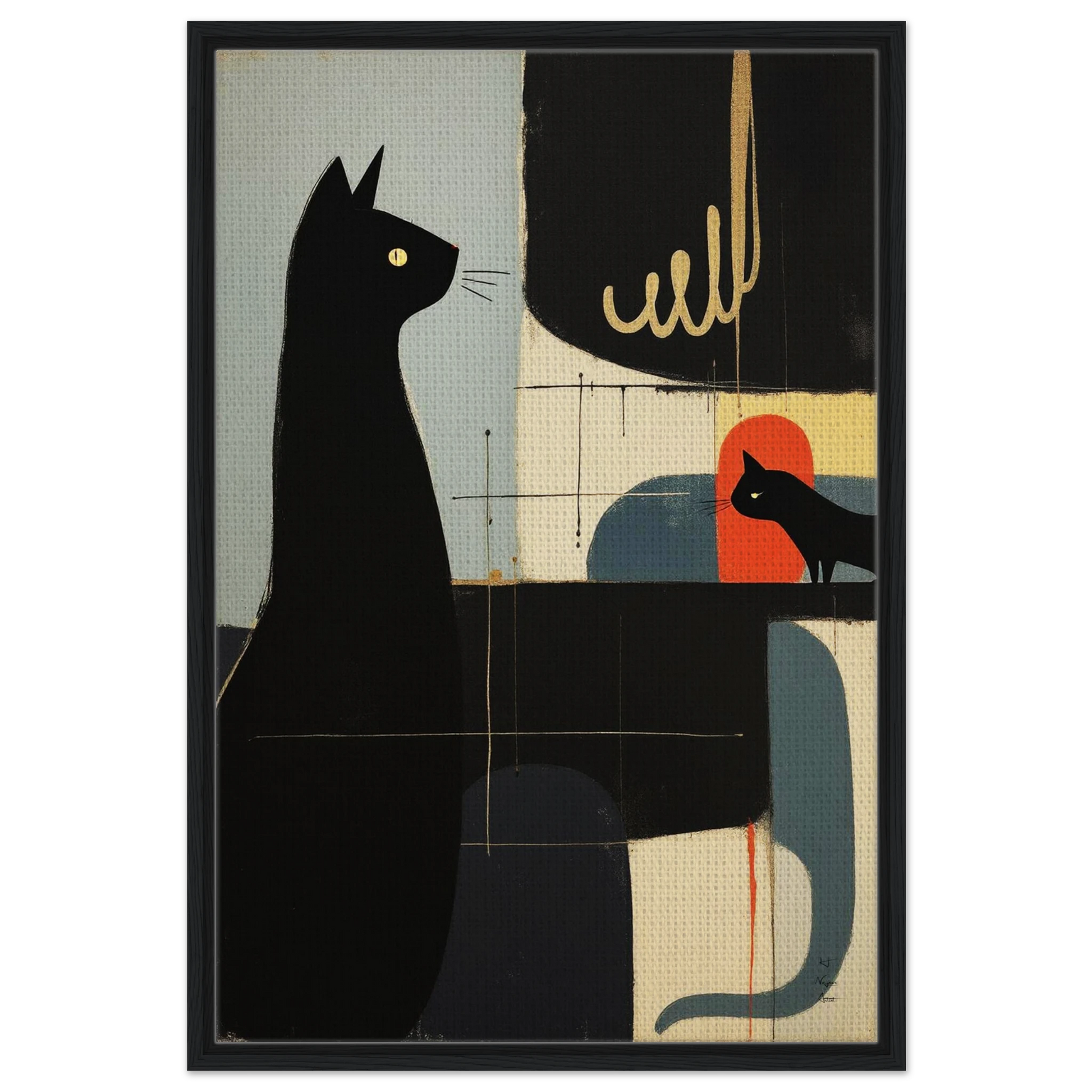 Abstract Cat & Kitten Modern Art Print Black Wood Frame 60x90 cm 24x36″ Framed Canvas