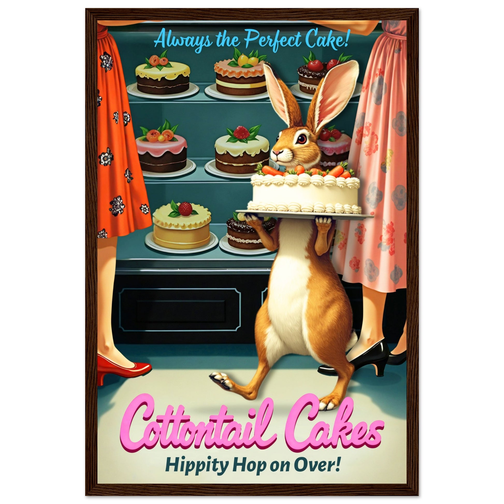 Cottontail Cakes 1950s Rabbit Art Print 30x45 cm 12x18″ Classic Matte Framed Poster - Dark Brown Wood