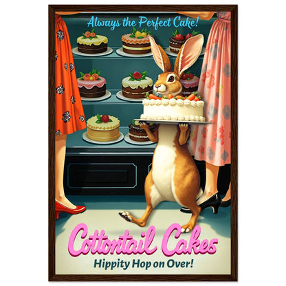 Cottontail Cakes 1950s Rabbit Art Print 30x45 cm 12x18″ Classic Matte Framed Poster - Dark Brown Wood