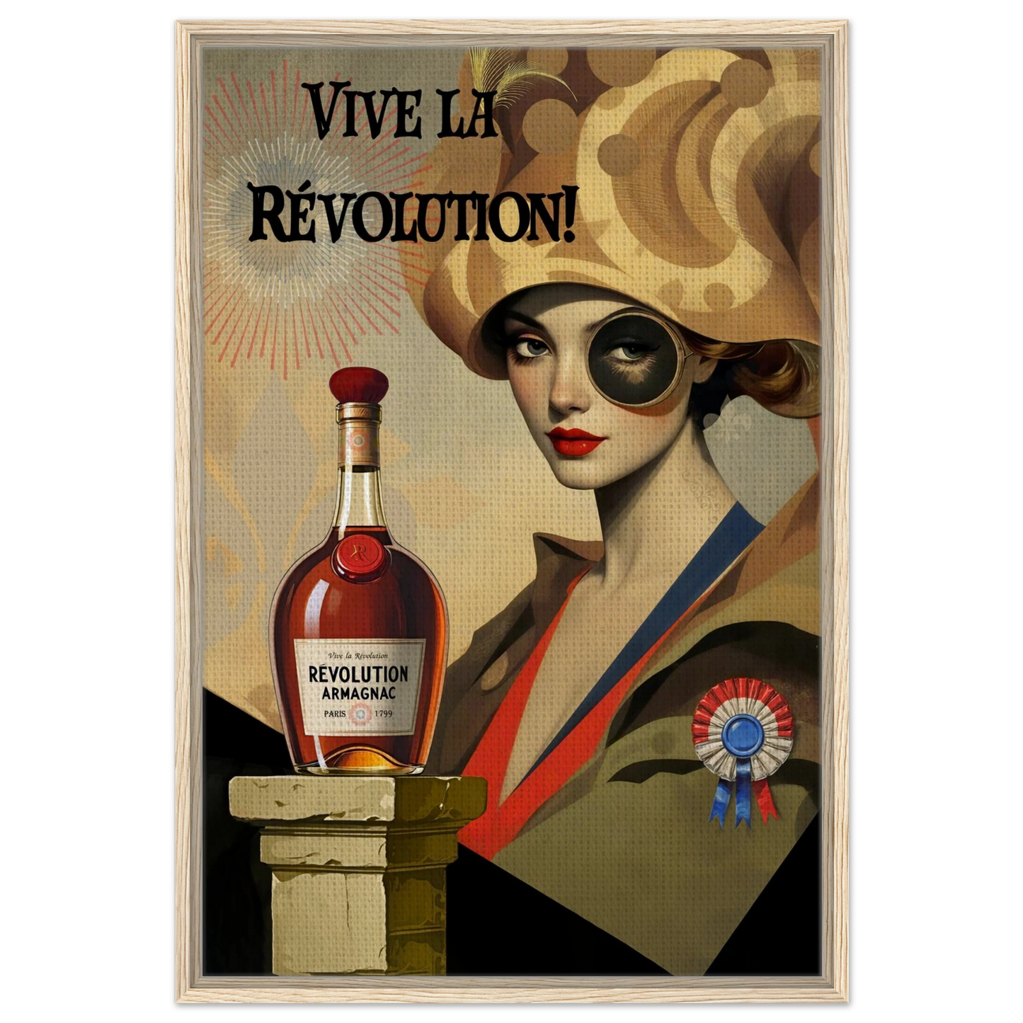 Vintage French Revolution Cognac Art Print Light Wood Frame 60x90 cm 24x36″ Framed Canvas