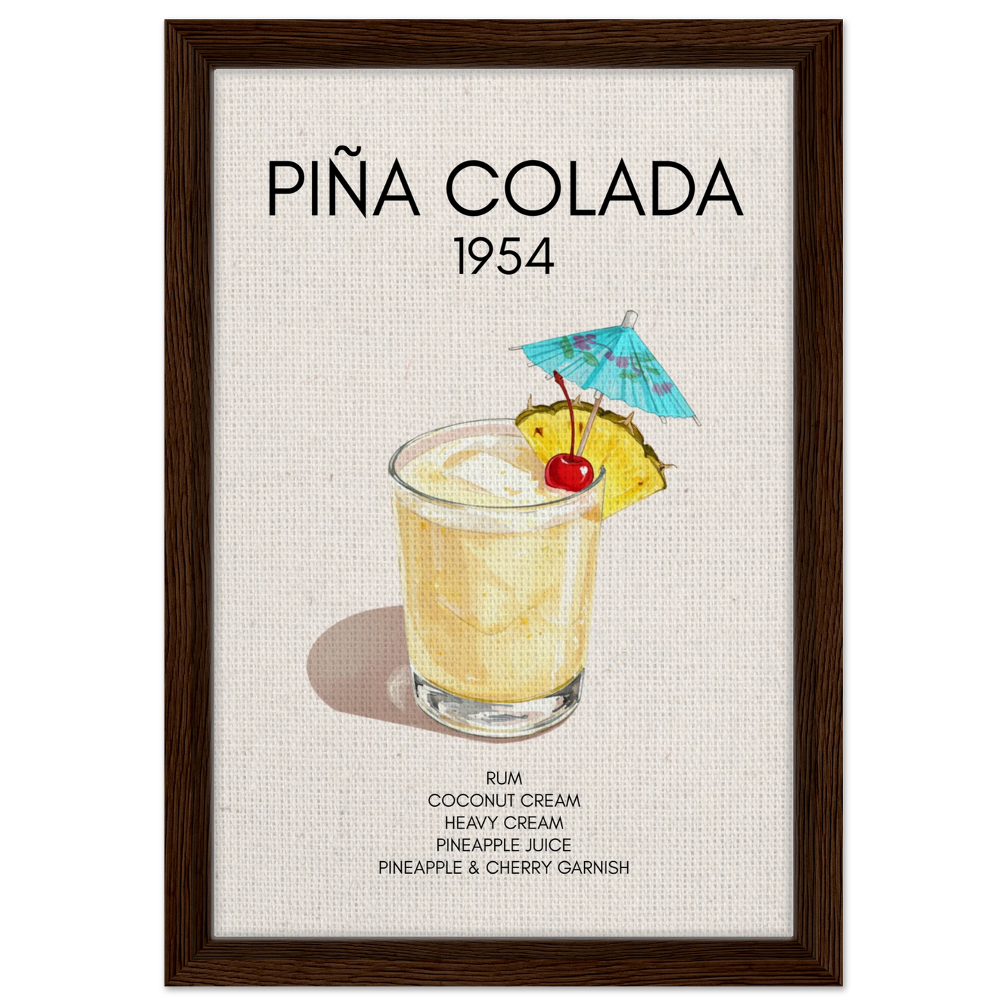 Pina Colada Cocktail Bar Poster Print Dark Brown Wood Frame 30x45 cm 12x18″ Framed Canvas