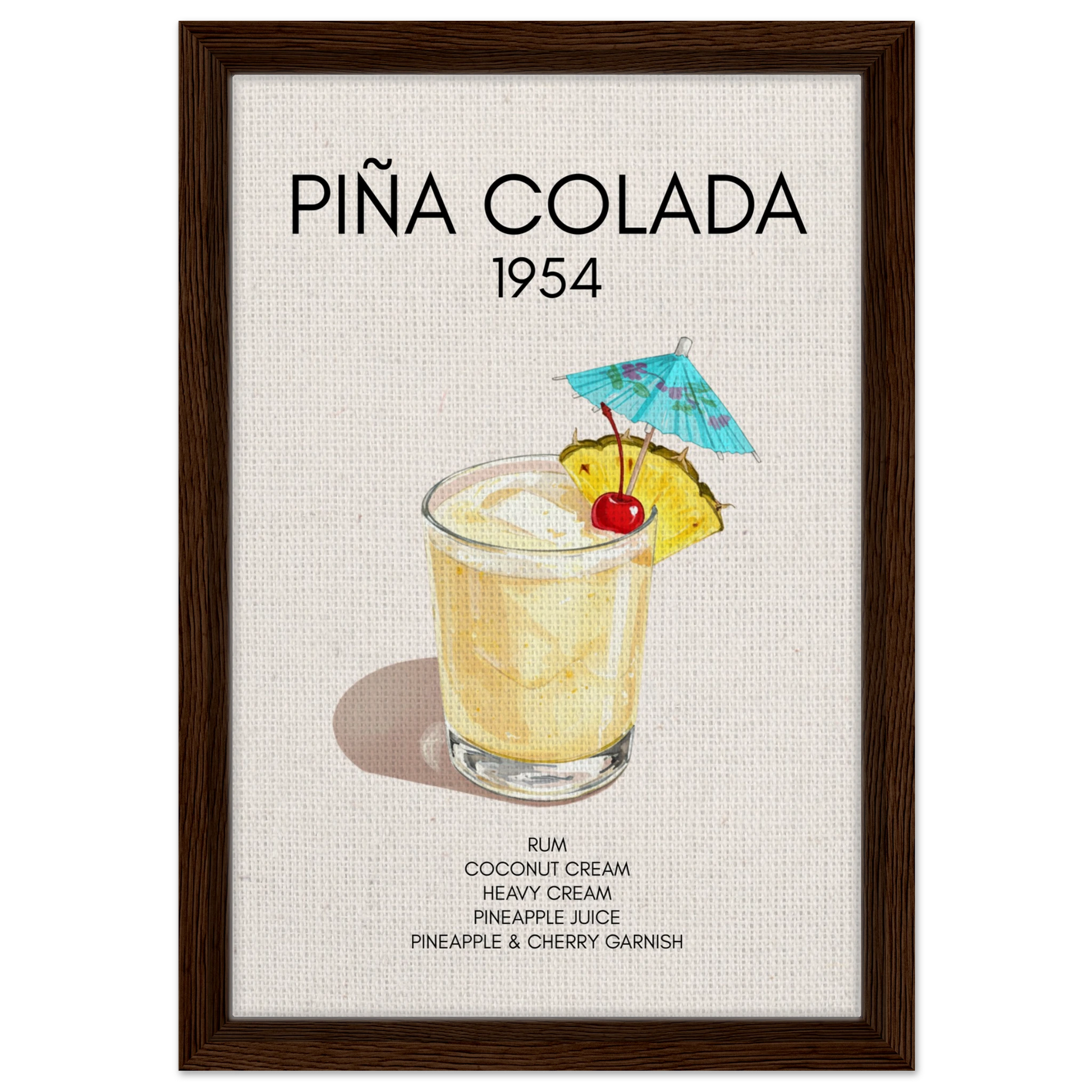 Pina Colada Cocktail Bar Poster Print Dark Brown Wood Frame 30x45 cm 12x18″ Framed Canvas