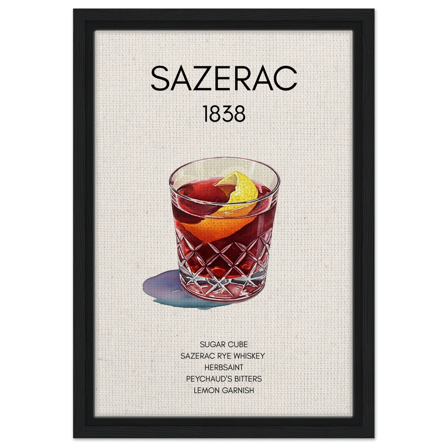 Sazerac Cocktail Bar Poster Print Black Wood Frame 30x45 cm 12x18″ Framed Canvas