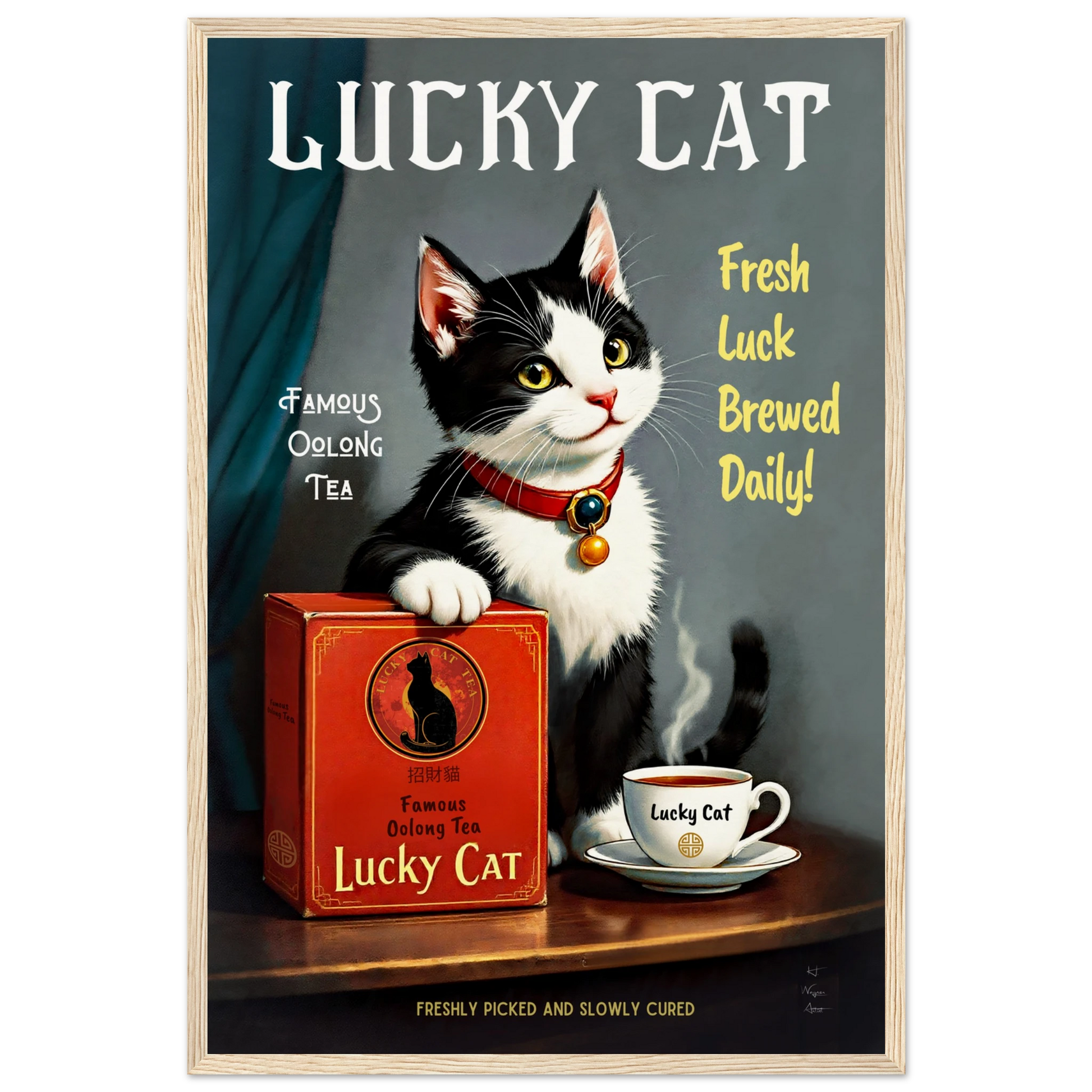 Lucky Tuxedo Cat Tea Kitchen Art Print 40x60 cm 16x24″ Museum-Quality Matte Framed Poster Light Wood Frame