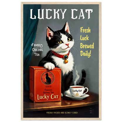 Lucky Tuxedo Cat Tea Kitchen Art Print 40x60 cm 16x24″ Museum-Quality Matte Framed Poster Light Wood Frame