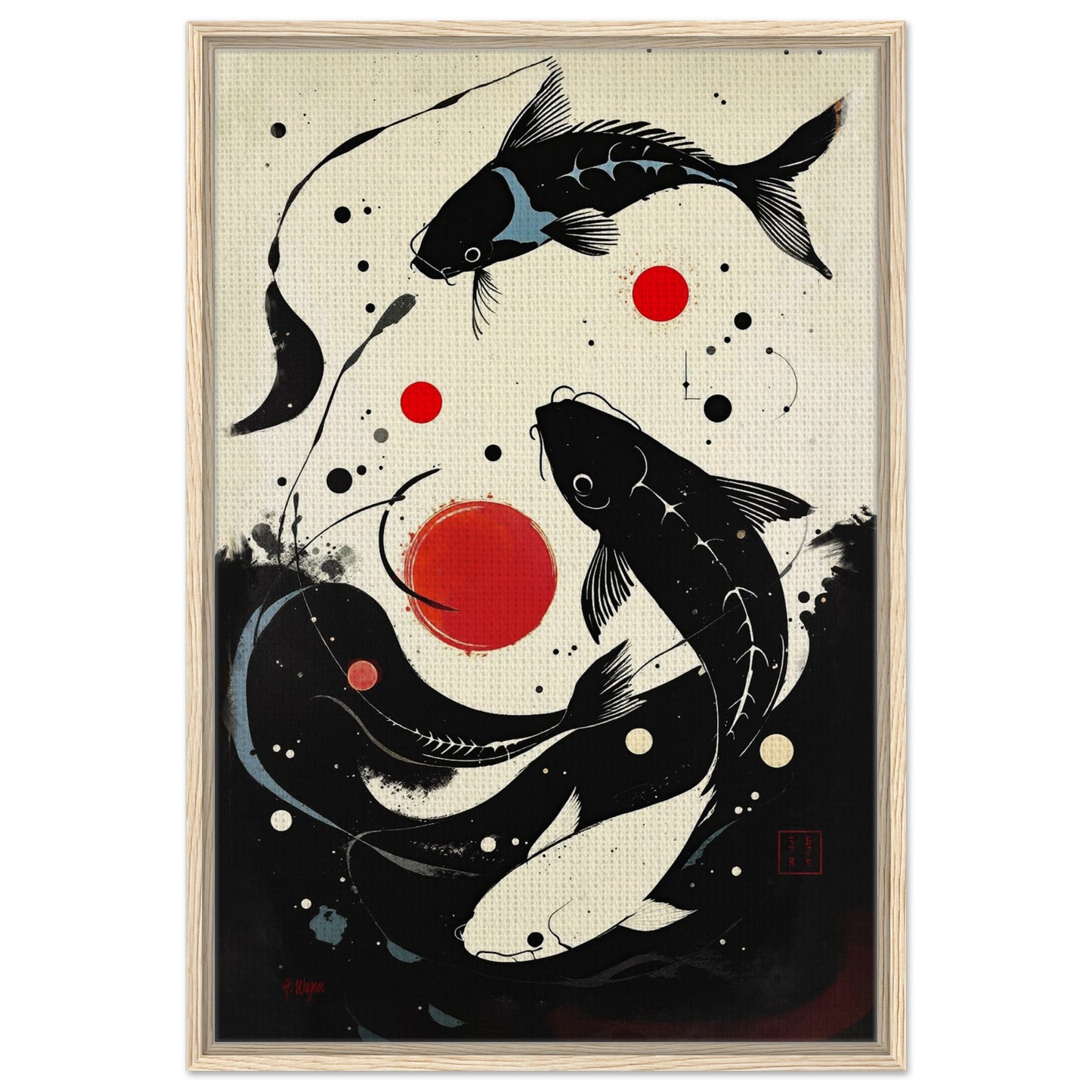 Mid-Century Modern Koi Fish Art Poster Print – Framed Abstract Black White Wall Décor 60x90 cm 24x36″ Framed Canvas Light Wood Frame