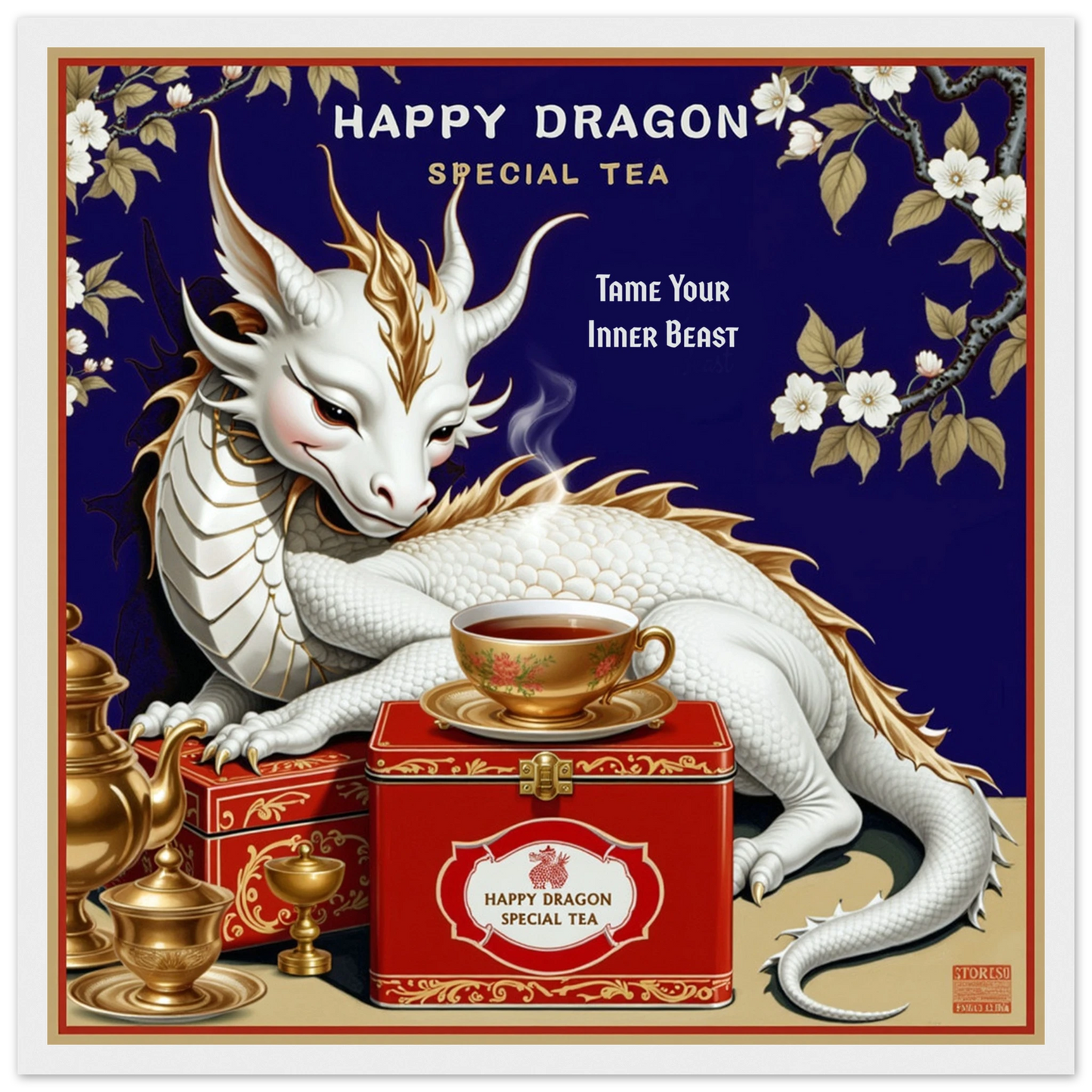 Happy Dragon Tea Art Print 40x40 cm 16x16″ Classic Matte Paper Wooden Framed Poster White Wood Frame