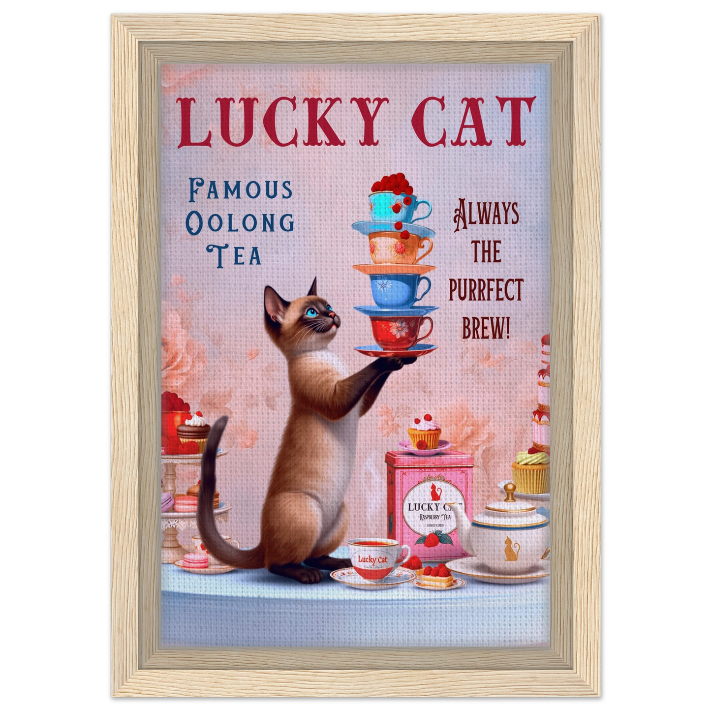 Siamese Lucky Cat Vintage Tea Art Print 20x30 cm 8x12″ Framed Canvas Light Wood Frame