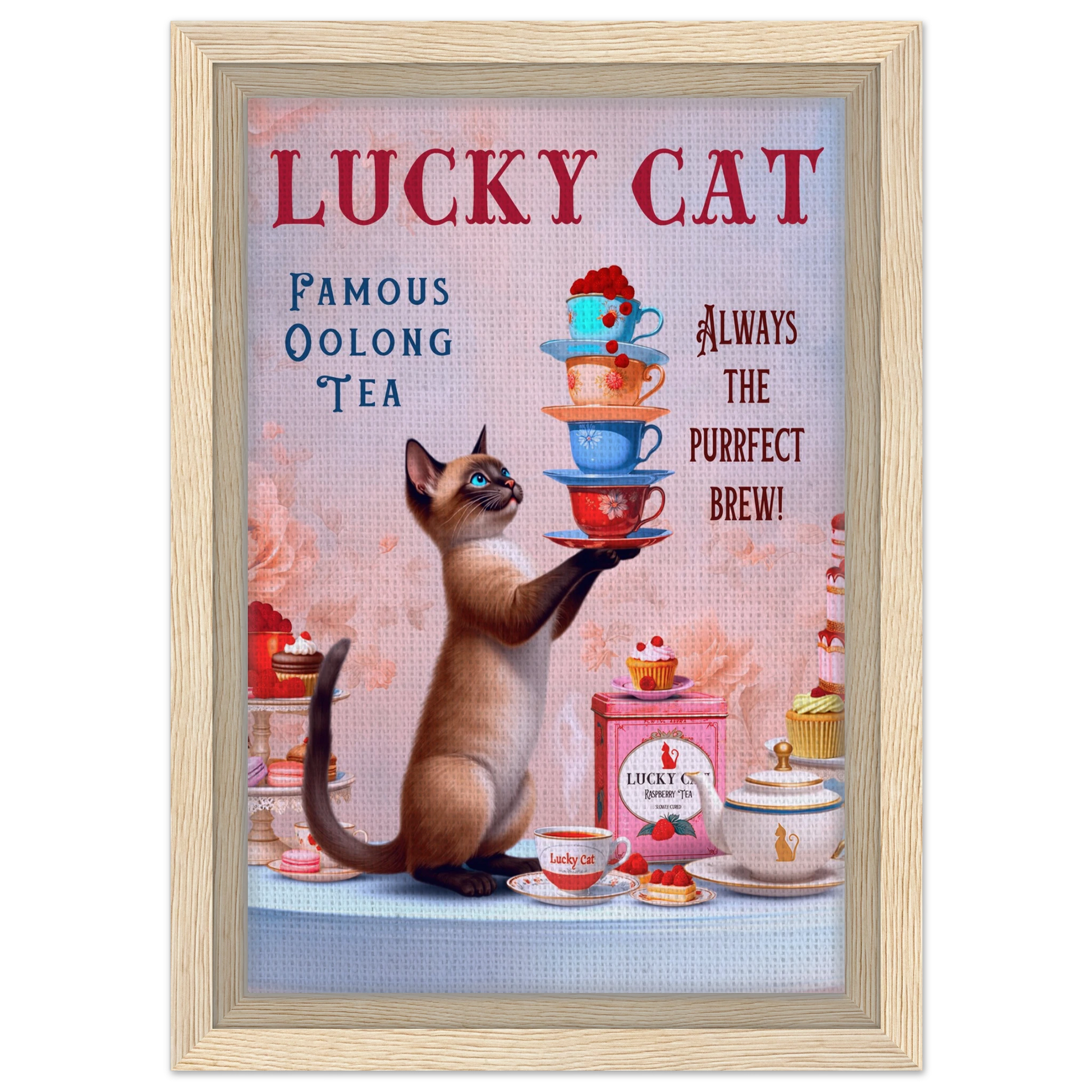 Siamese Lucky Cat Vintage Tea Art Print 20x30 cm 8x12″ Framed Canvas Light Wood Frame