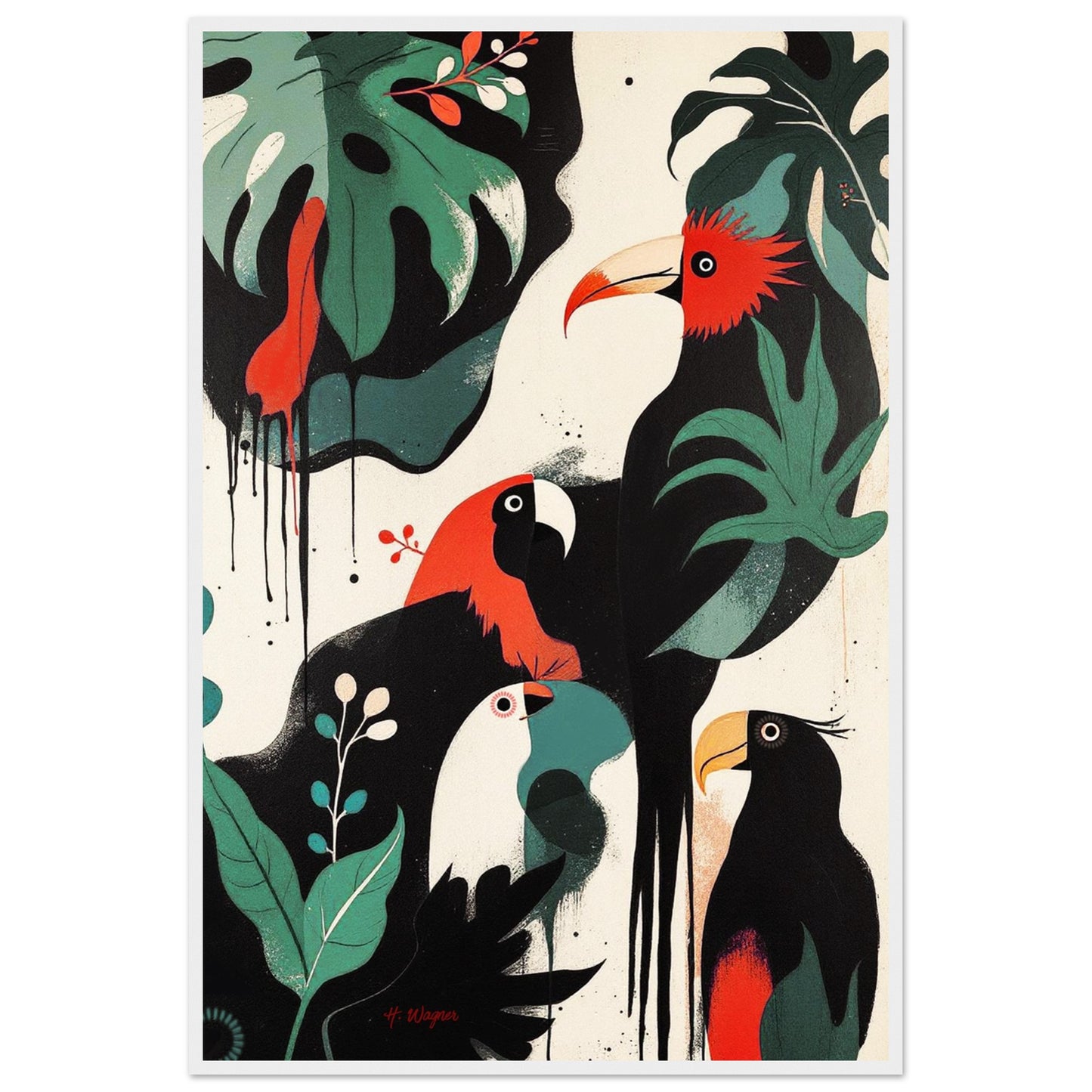 Mid-Century Modern Exotic Bird Art Poster Print - Framed Tropical Parrot Wall Décor White Wood Frame 60x90 cm 24x36″ Premium Matte Wooden Framed Poster