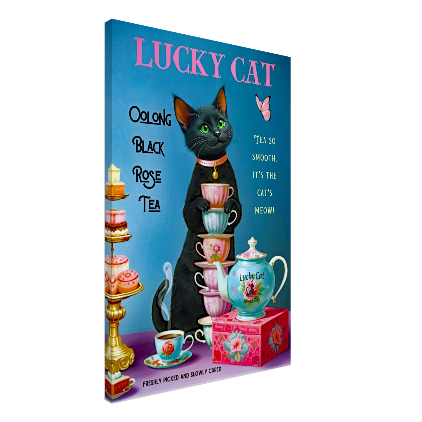 Lucky Cat Vintage Oolong Tea Art Print 60x90 cm 24x36″ Gallery Wrapped Canvas No Frame