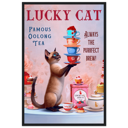 Siamese Lucky Cat Vintage Tea Art Print 40x60 cm 16x24″ Museum-Quality Matte Paper Wooden Framed Poster Black Wood Frame