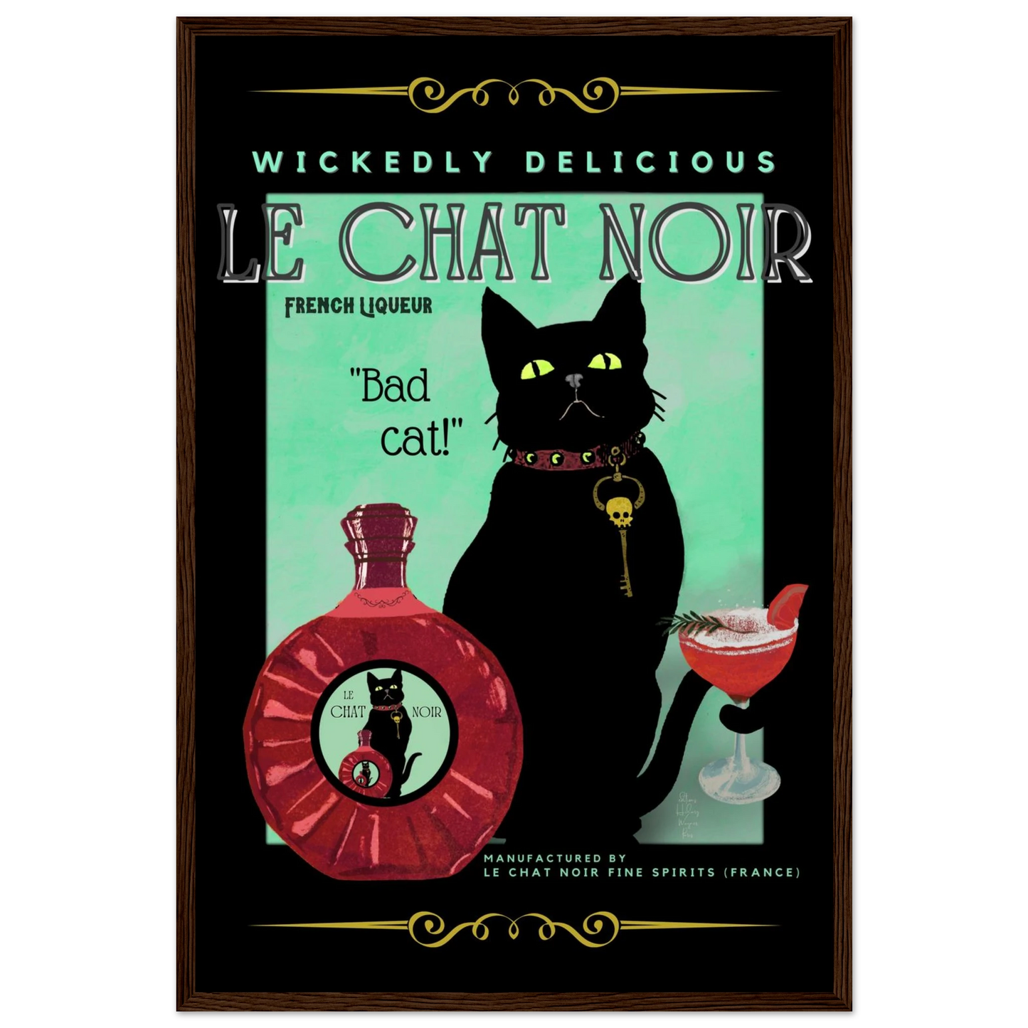 Black Cat Cocktail French Art Deco Print 40x60 cm 16x24″ Premium Matte Paper Wooden Framed Poster Dark Brown Wood Frame