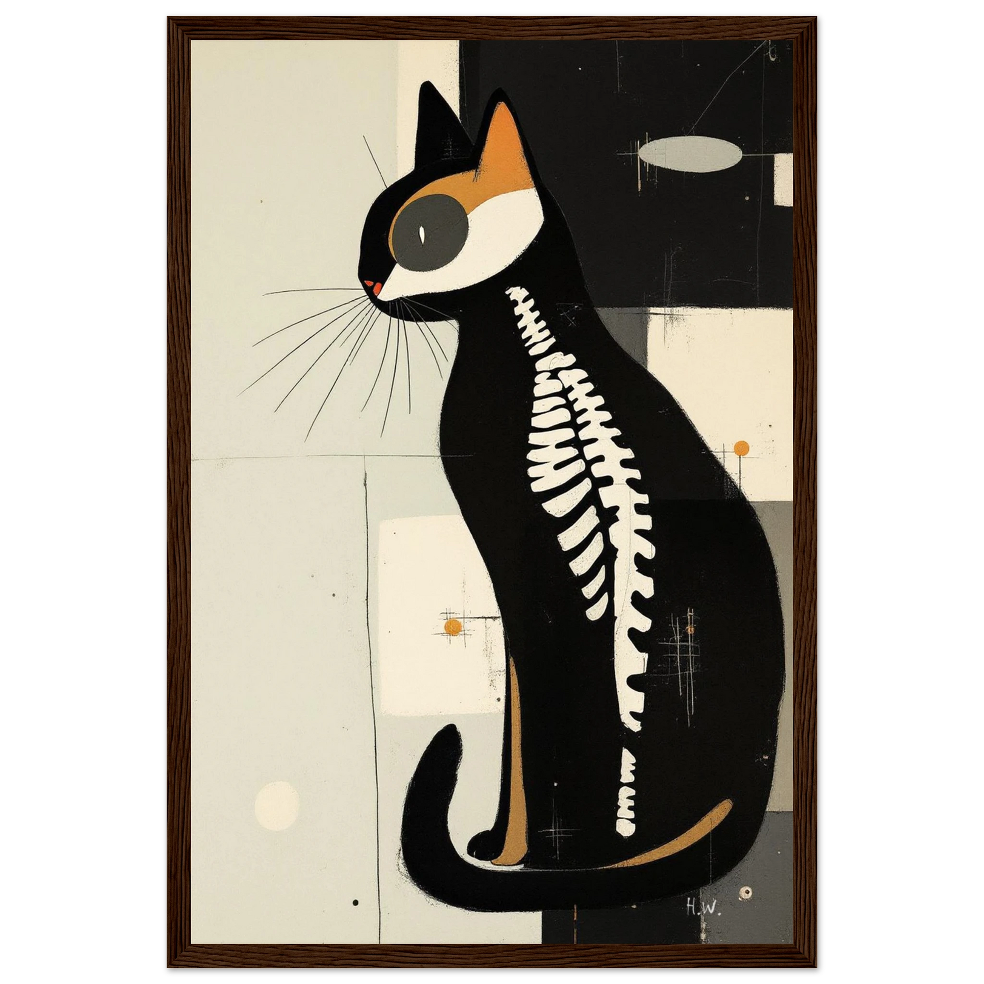 Modern Cat Skeleton Abstract Art Poster Print Dark Brown Wood Frame 30x45 cm 12x18″ Premium Matte Paper Wooden Framed Poster