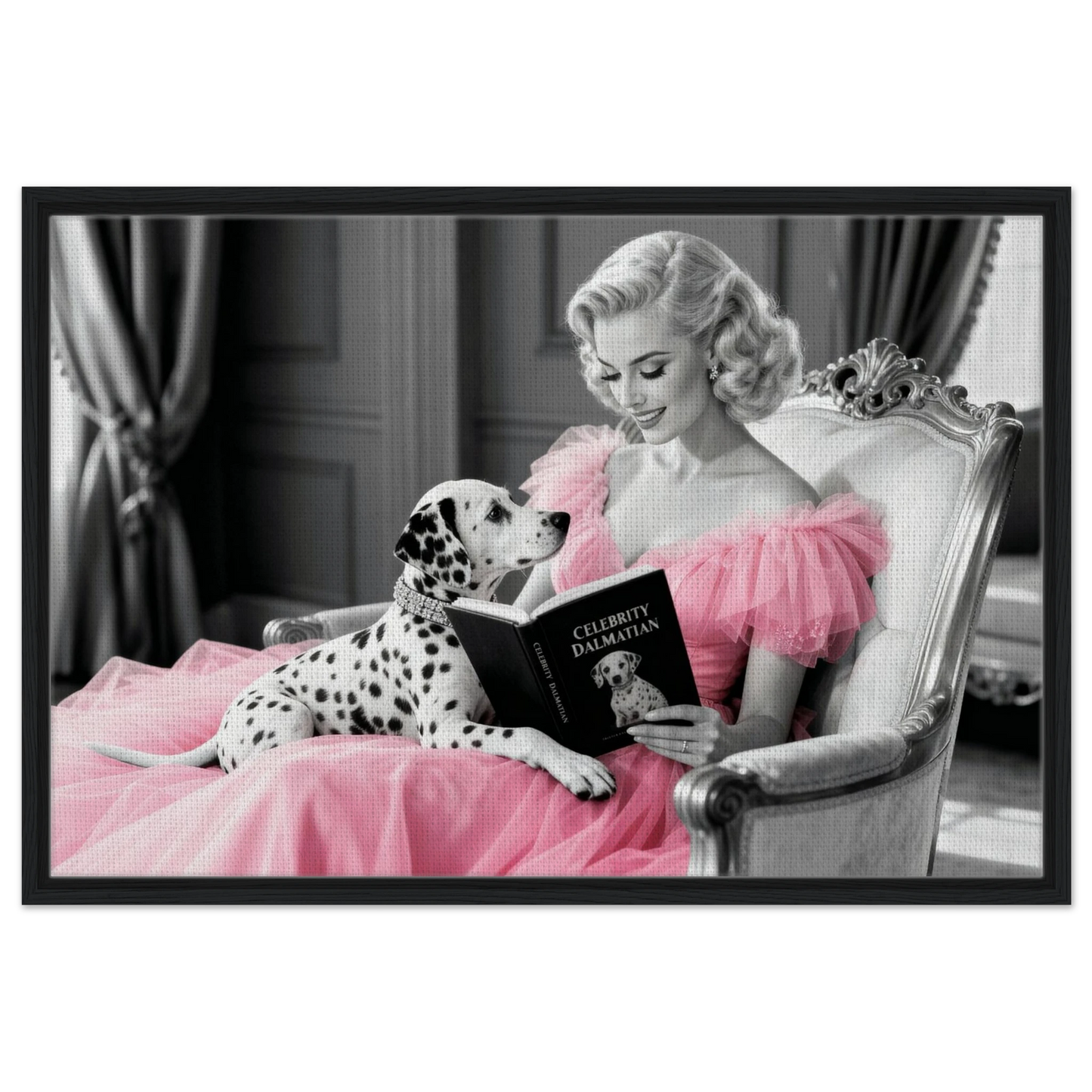 Hollywood Starlet Dalmatian Puppy Art Print 60x90 cm 24x36″ Framed Canvas - Black Wood
